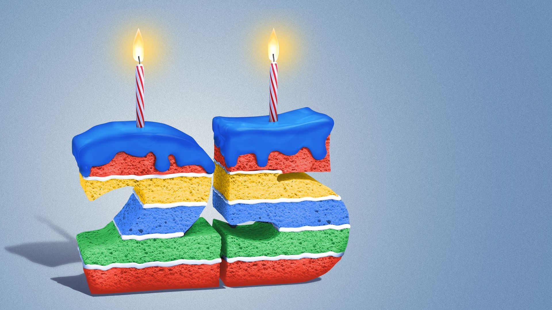 Illustration of the numbers "25" styled as stacked birthday cakes with the sponge layers in the colors of the Google logo, complete with a candle on top of each number. 