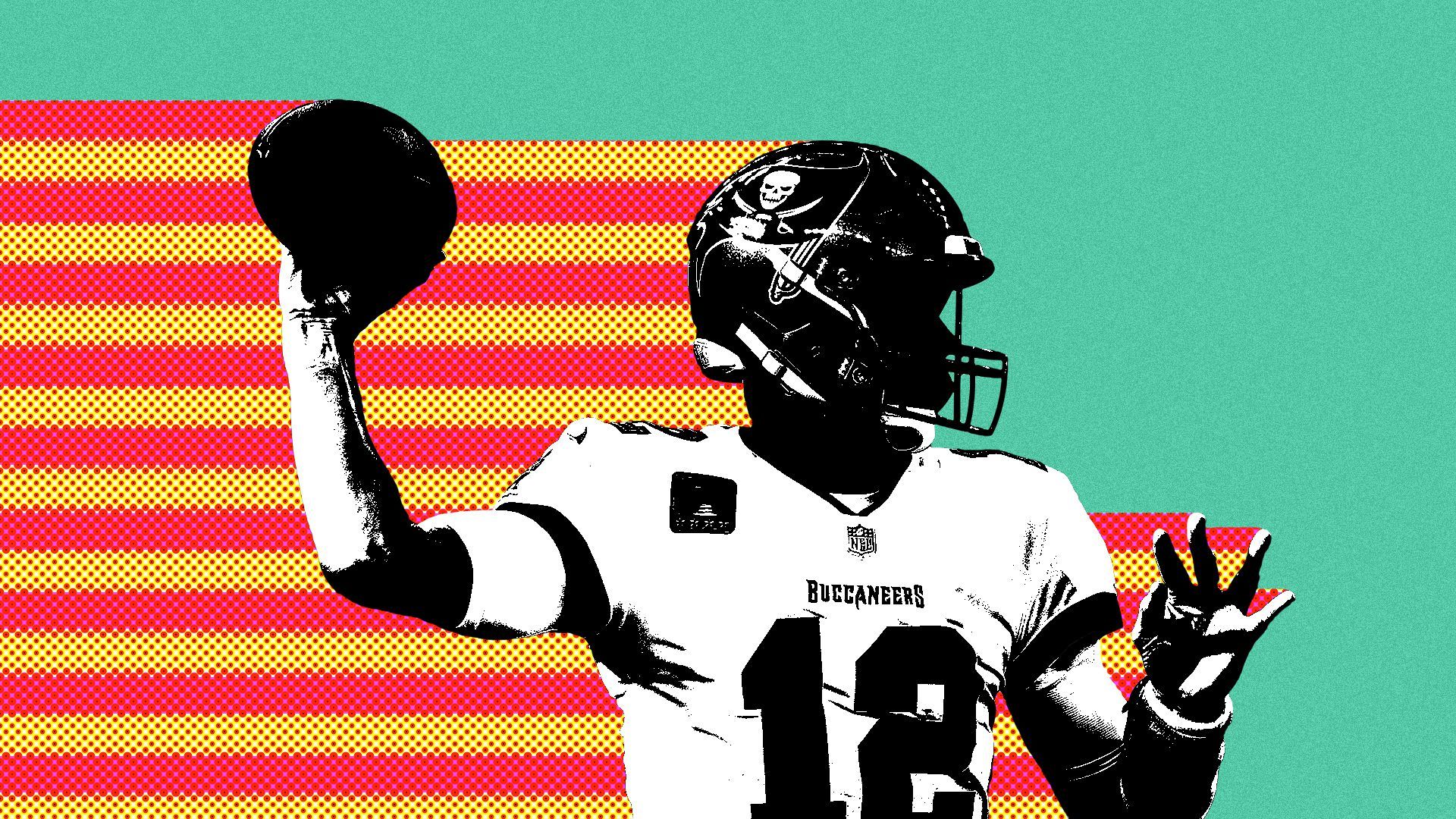 Photo illustration of Tampa Bay Buccaneers quarterback Tom Brady with orange and red stripes trailing behind him.