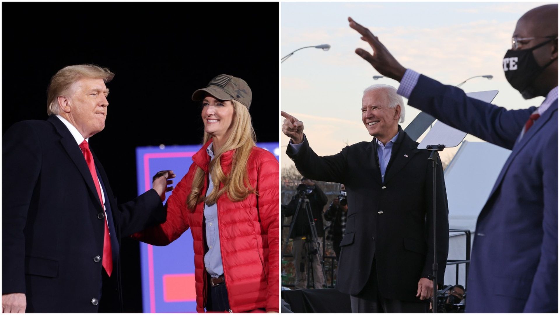 Combination images of President Trump, Sen. Kelly Loeffler, President-elect Joe Biden and and Rev. Raphael Warnock