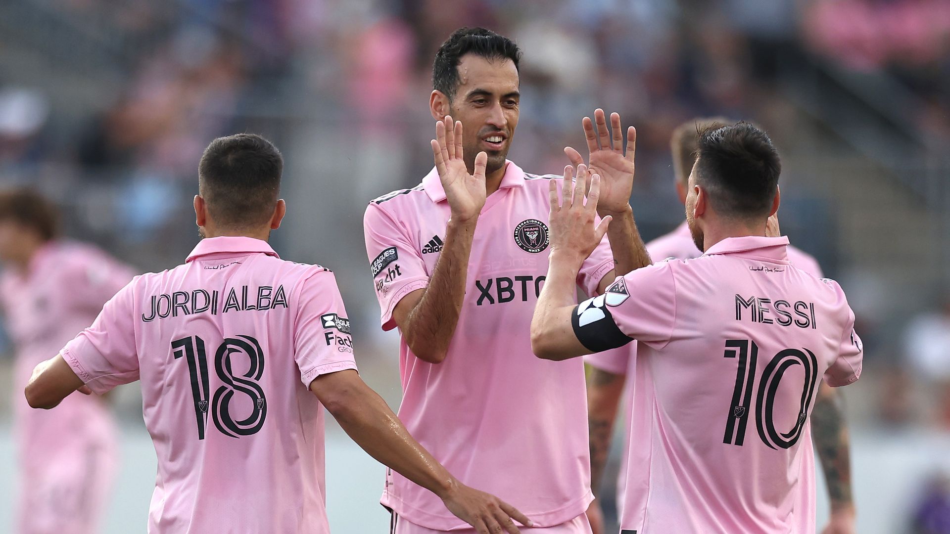 Lionel Messi #10 of Inter Miami CF celebrates with Sergio Busquets #5 after scoring a goal in the first half during the Leagues Cup 2023 semifinals match between Inter Miami CF and Philadelphia Union at Subaru Park on August 15, 2023 in Chester, Pennsylvania.