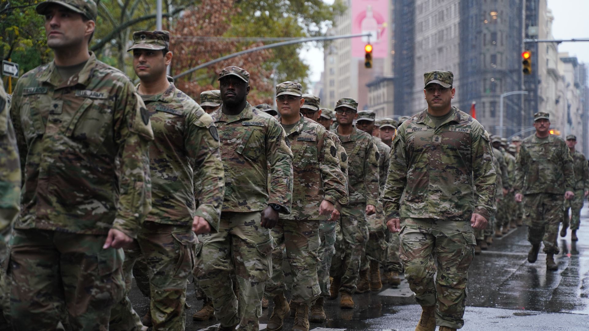 Soldiers marching in a Veterans Day Parade in New York City in November 2022.