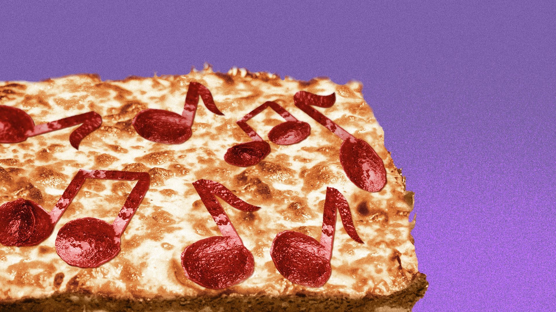Illustration of music note-shaped pepperoni on a Detroit-style pizza.