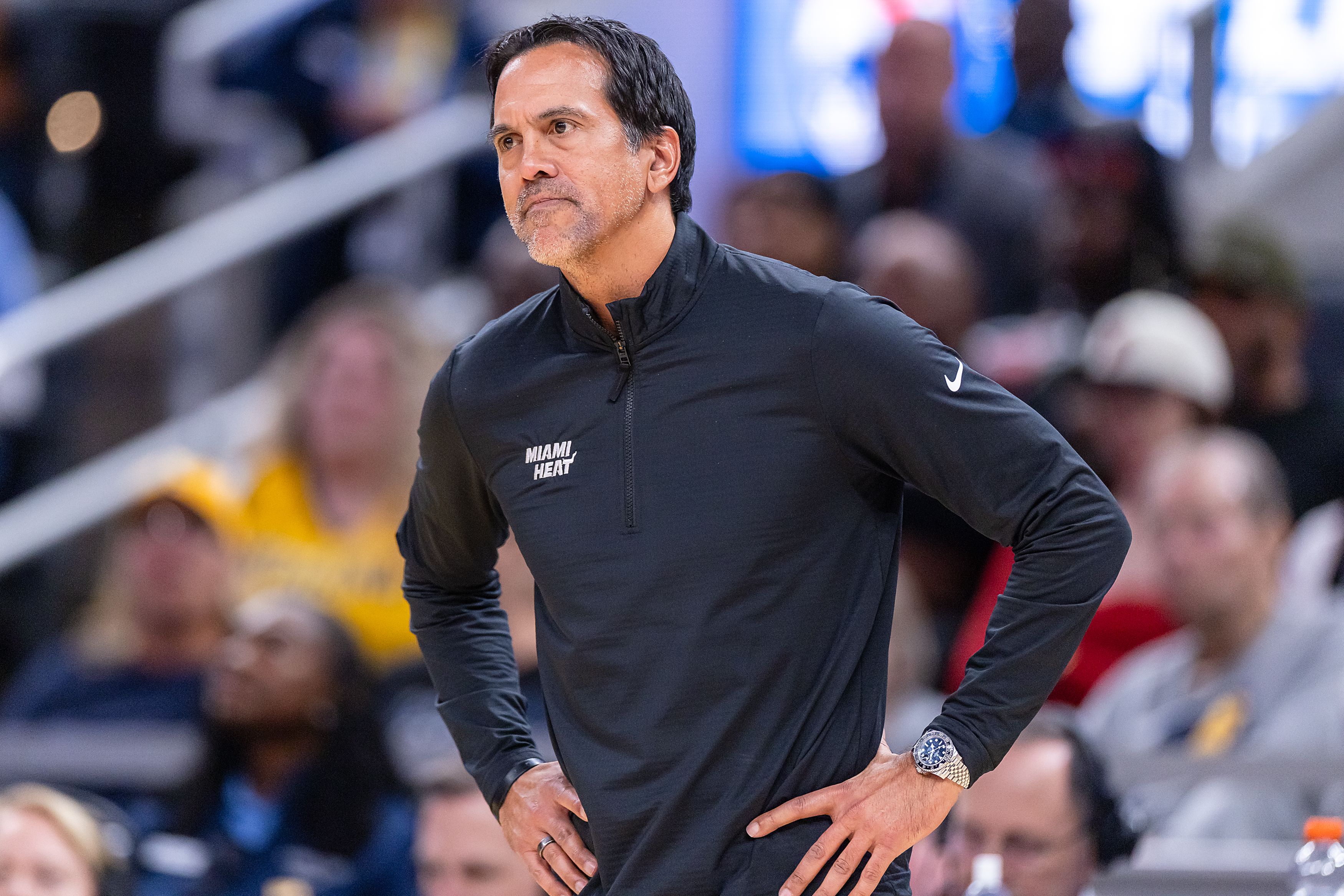 INDIANAPOLIS, INDIANA - MARCH 29: Erik Spoelstra head coach of the Miami Heat watches during the game against the Indiana Pacers at Gainbridge Fieldhouse on March 29, 2026 in Indianapolis, Indiana. NOTE TO USER: User expressly acknowledges and agrees that, by downloading and or using this photograph