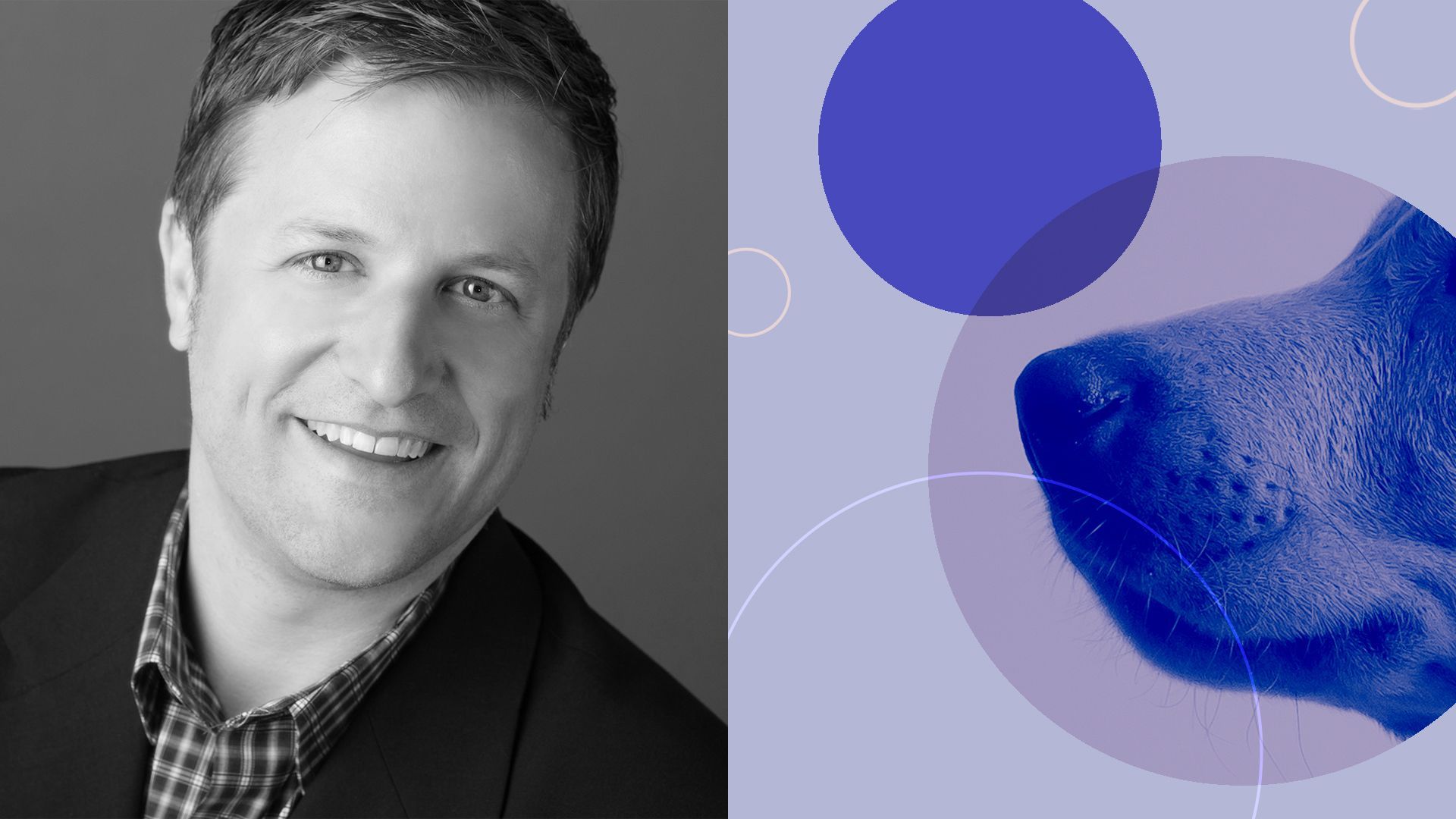 photograph of matt hulett surrounded by circles and a close up of a dogs nose