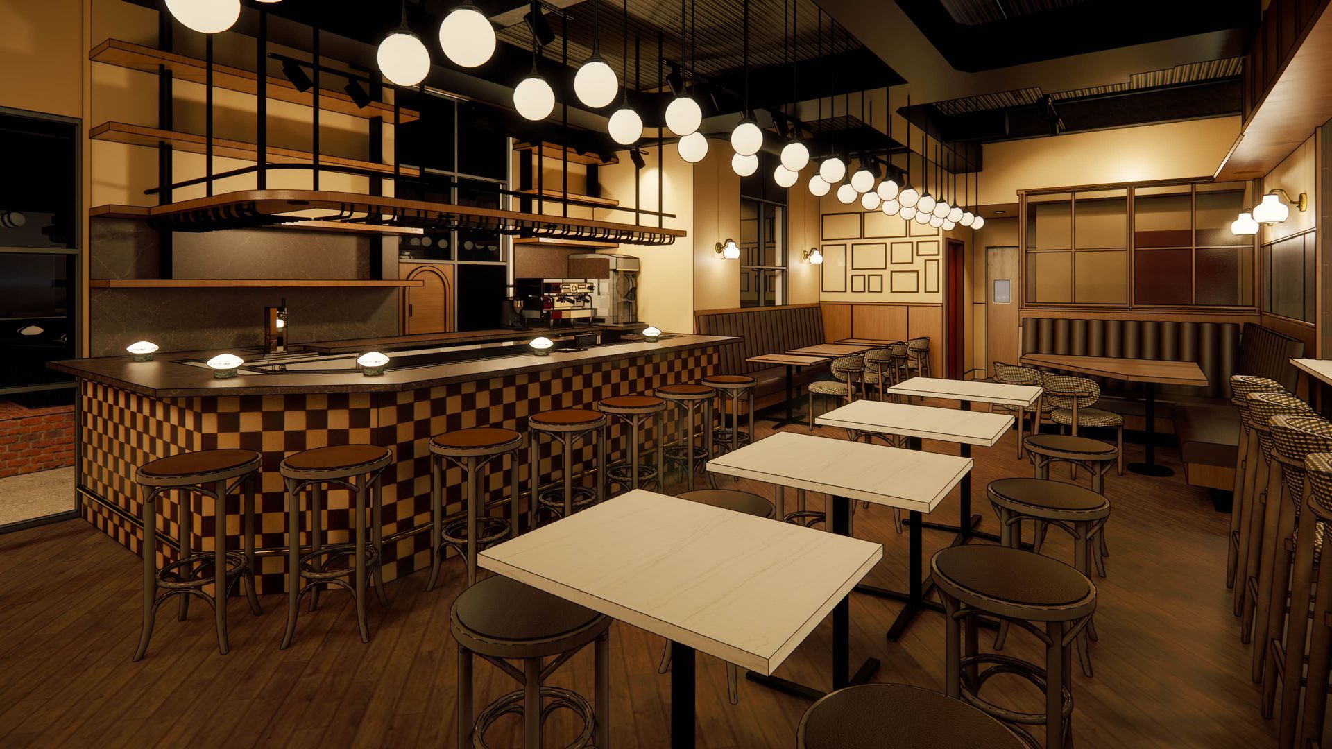Warm retro cafe interior with a long bar, black-and-white checkered panels, tall stools, white marble tables, and booth seating. Round pendant lights line the ceiling, creating cozy amber lighting.