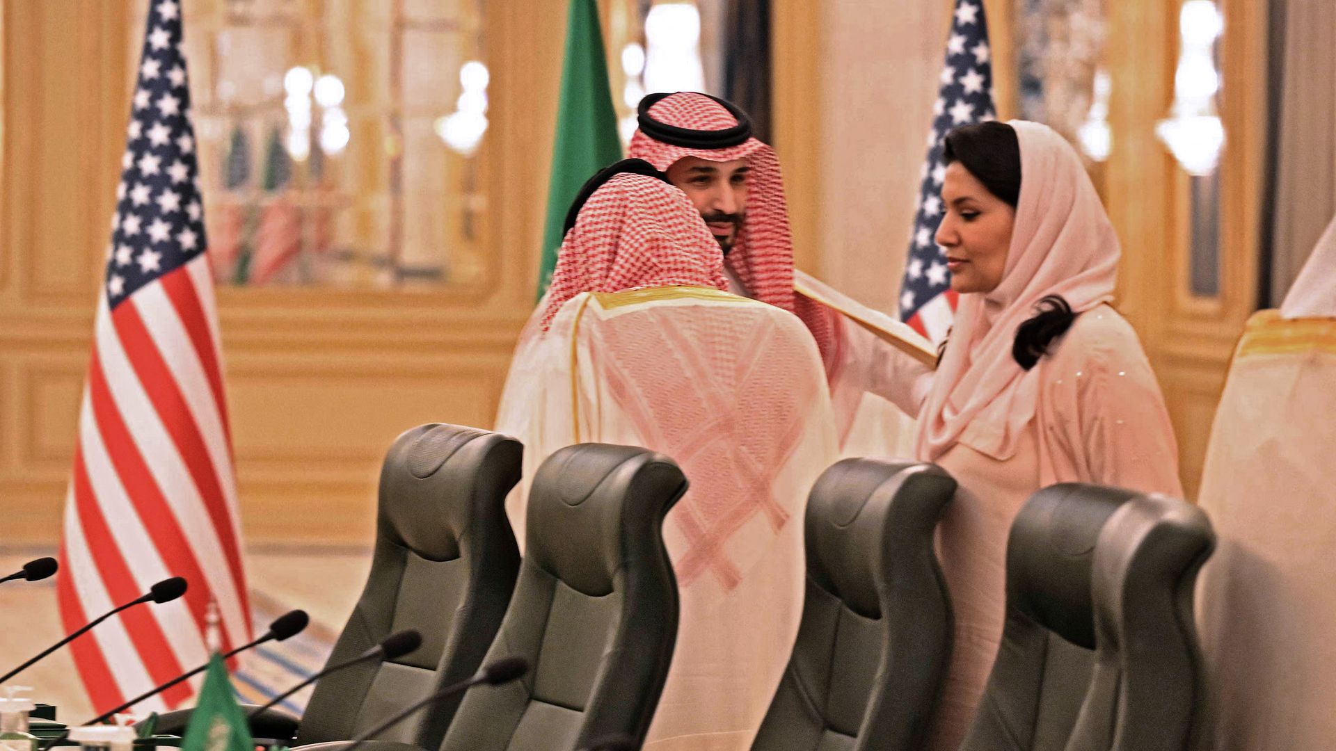 Crown Prince Mohammed bin Salman speaks with Princess Reema bint Bandar Al-Saud, Saudi Arabia's ambassador to Washington, at the Al-Salam Royal Palace in the Saudi coastal city of Jeddah, during the visit of the US president, on July 15, 2022