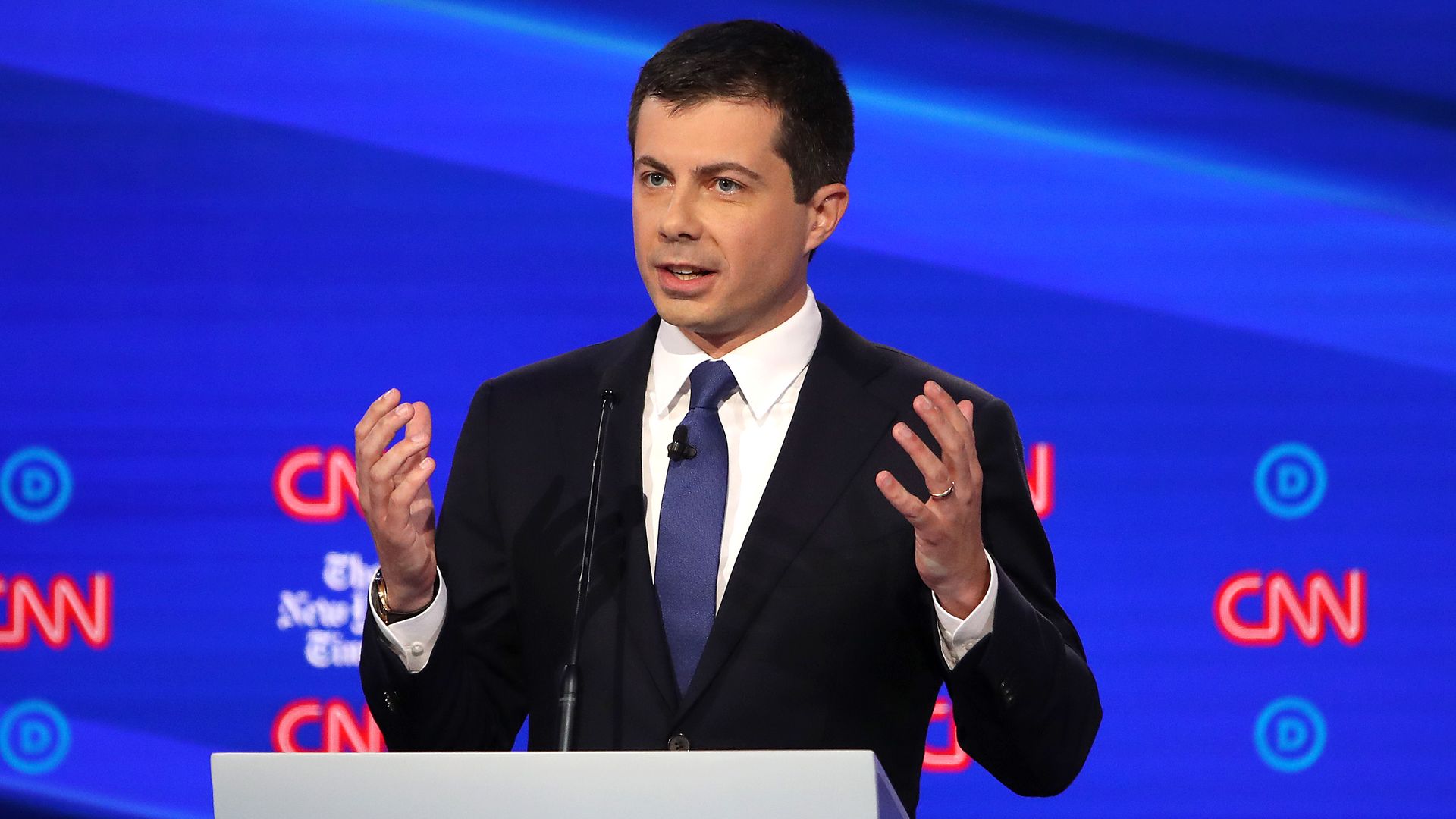 South Bend, Indiana Mayor Pete Buttigieg speaks during the Democratic Presidential Debate at Otterbein University on October 15, 2019 in Westerville, Ohio.