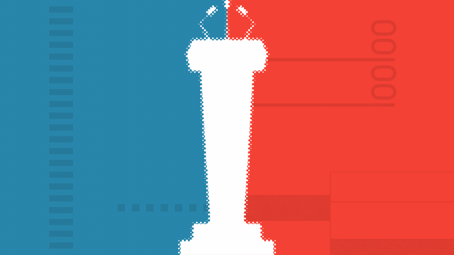 Illustration of a white podium changing into a voting booth and then changing into three campaign signs, over a divided red and blue background.