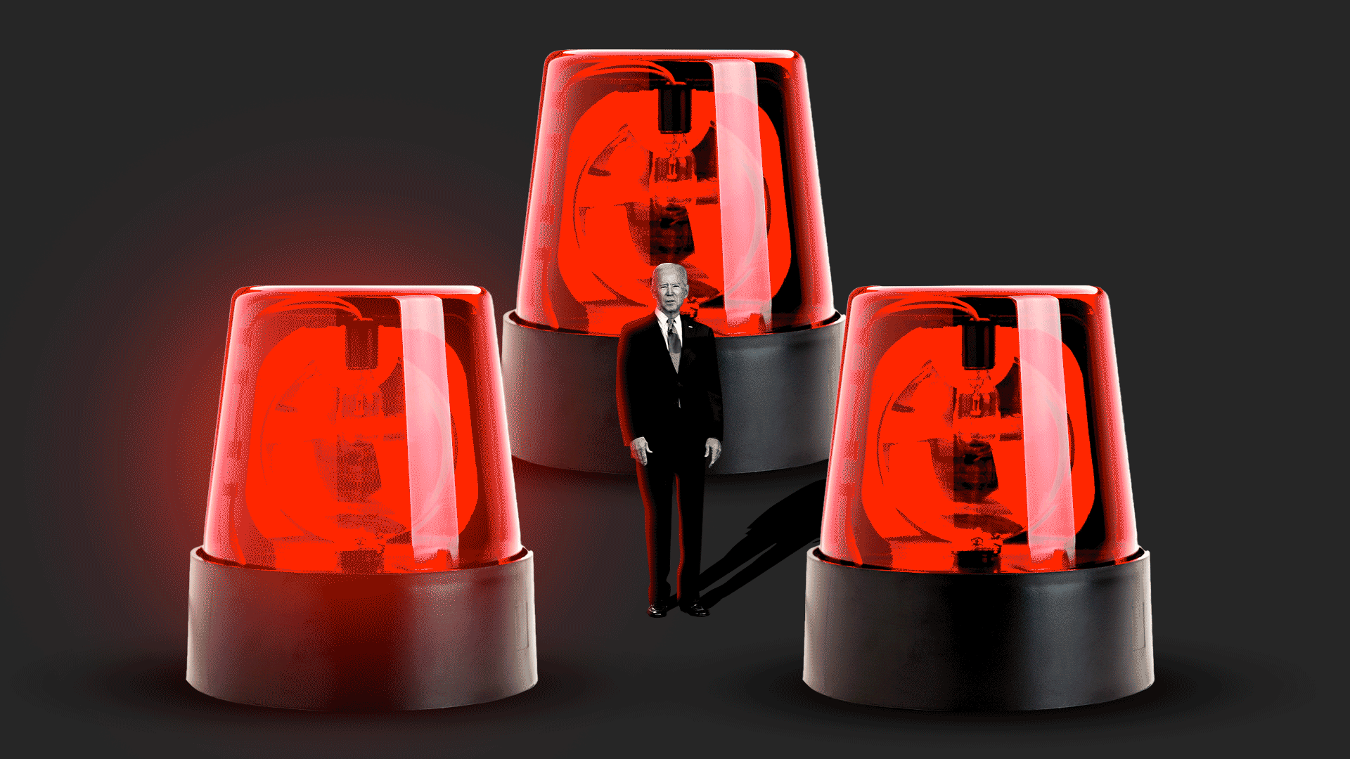 Photo illustration of Joe Biden surrounded by three blinking sirens.