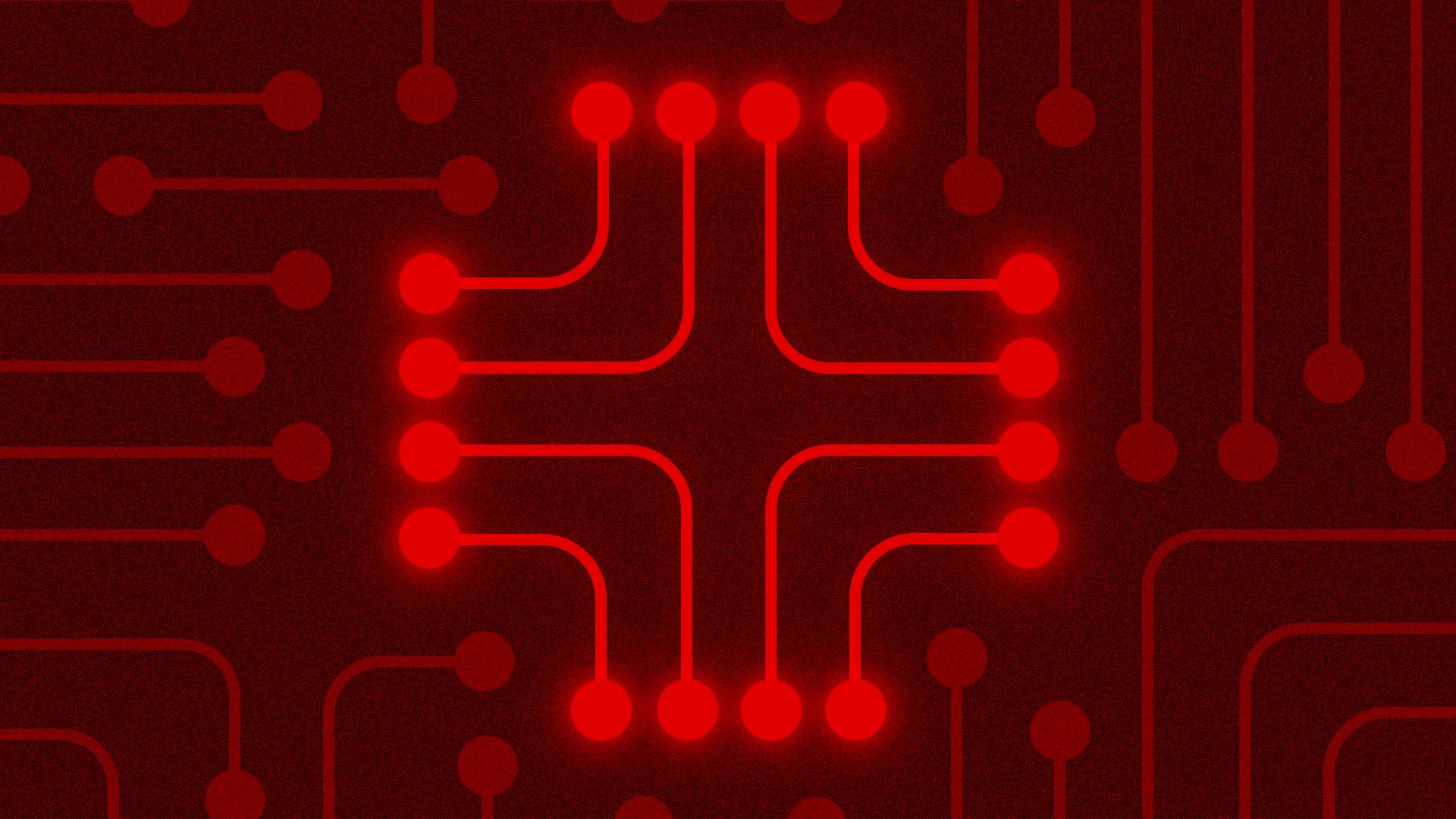 an illustration of a circuitboard with a red-cross-shaped section illuminated 