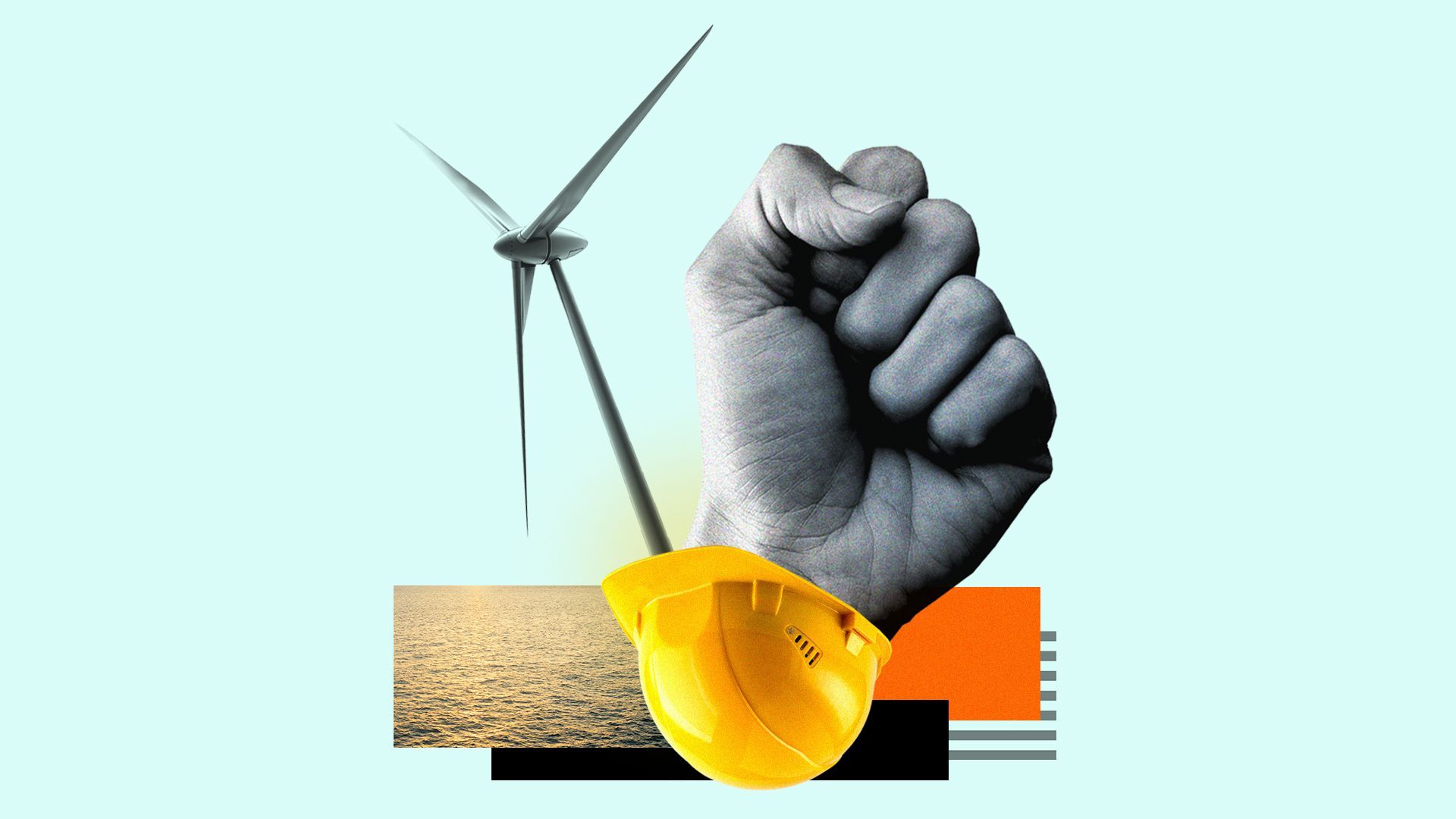 Illustration collage of a fist, wind turbine, hard hat, and ocean.