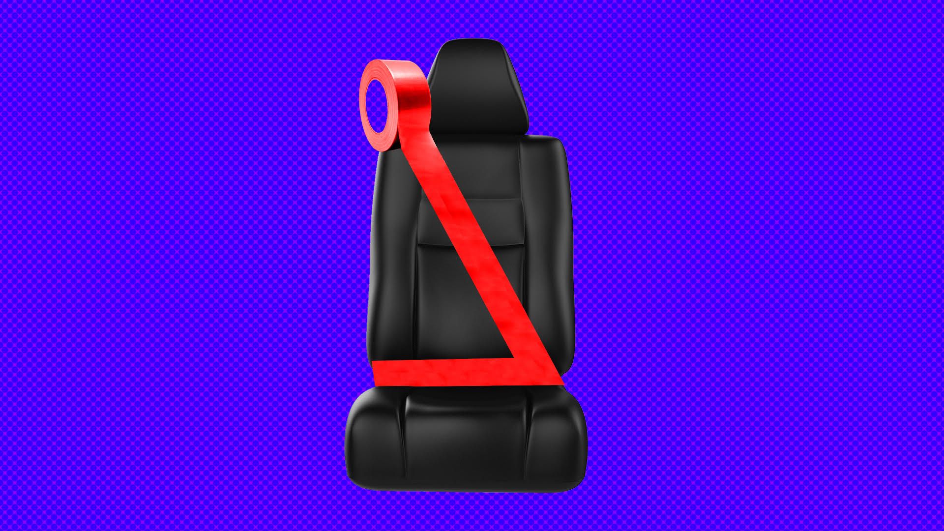 a black leather car seat with a seatbelt made of red duct tape