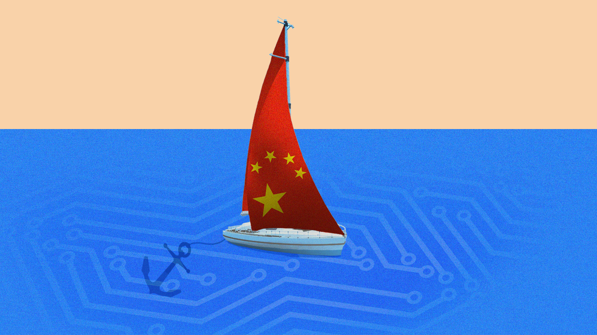 A boat with a Chinese flag as a sail