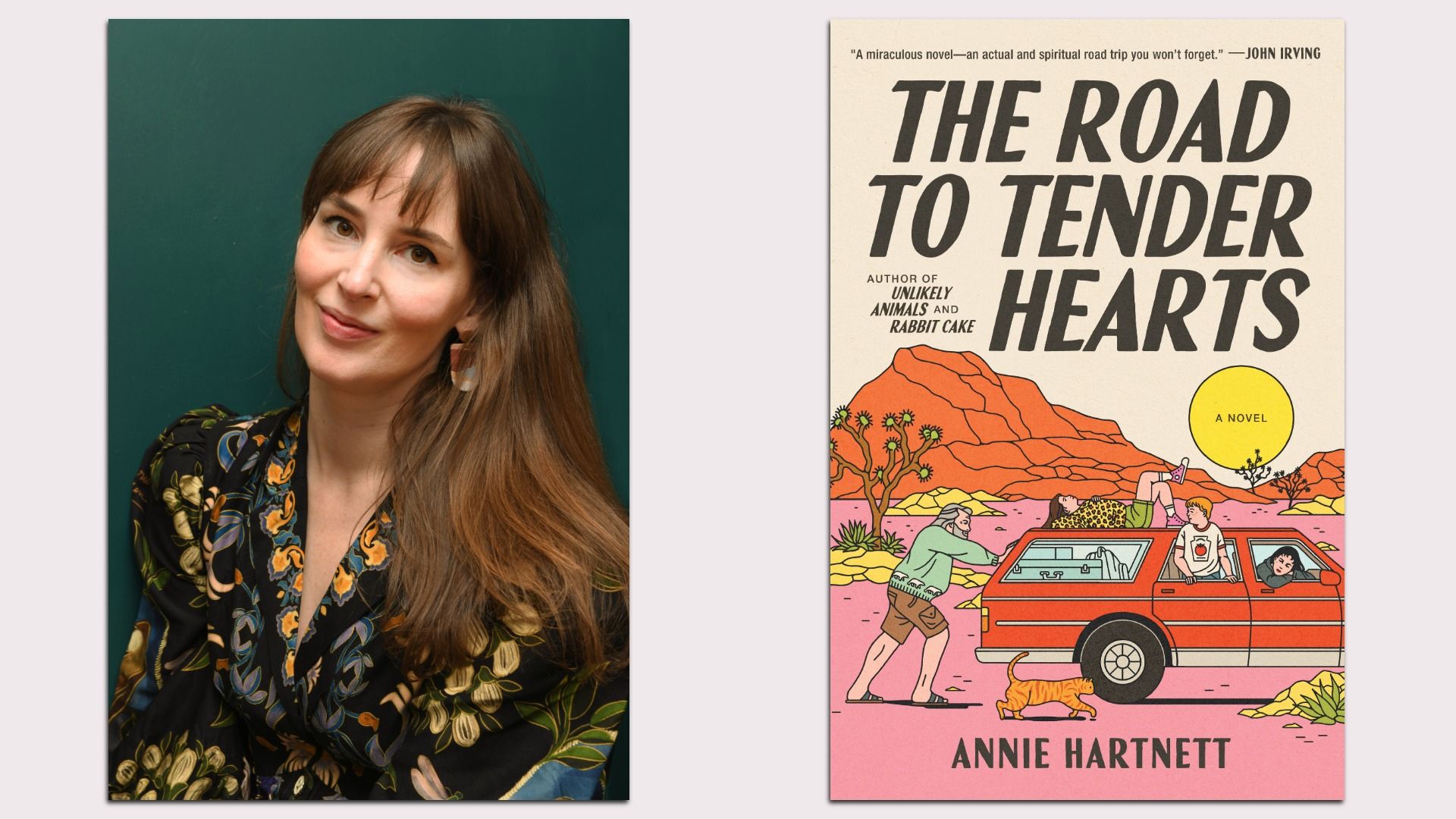 Portrait of a woman with long brown hair and floral outfit next to the book cover of "The Road to Tender Hearts" by Annie Hartnett showing a red pickup with people, mountains, and a cat.