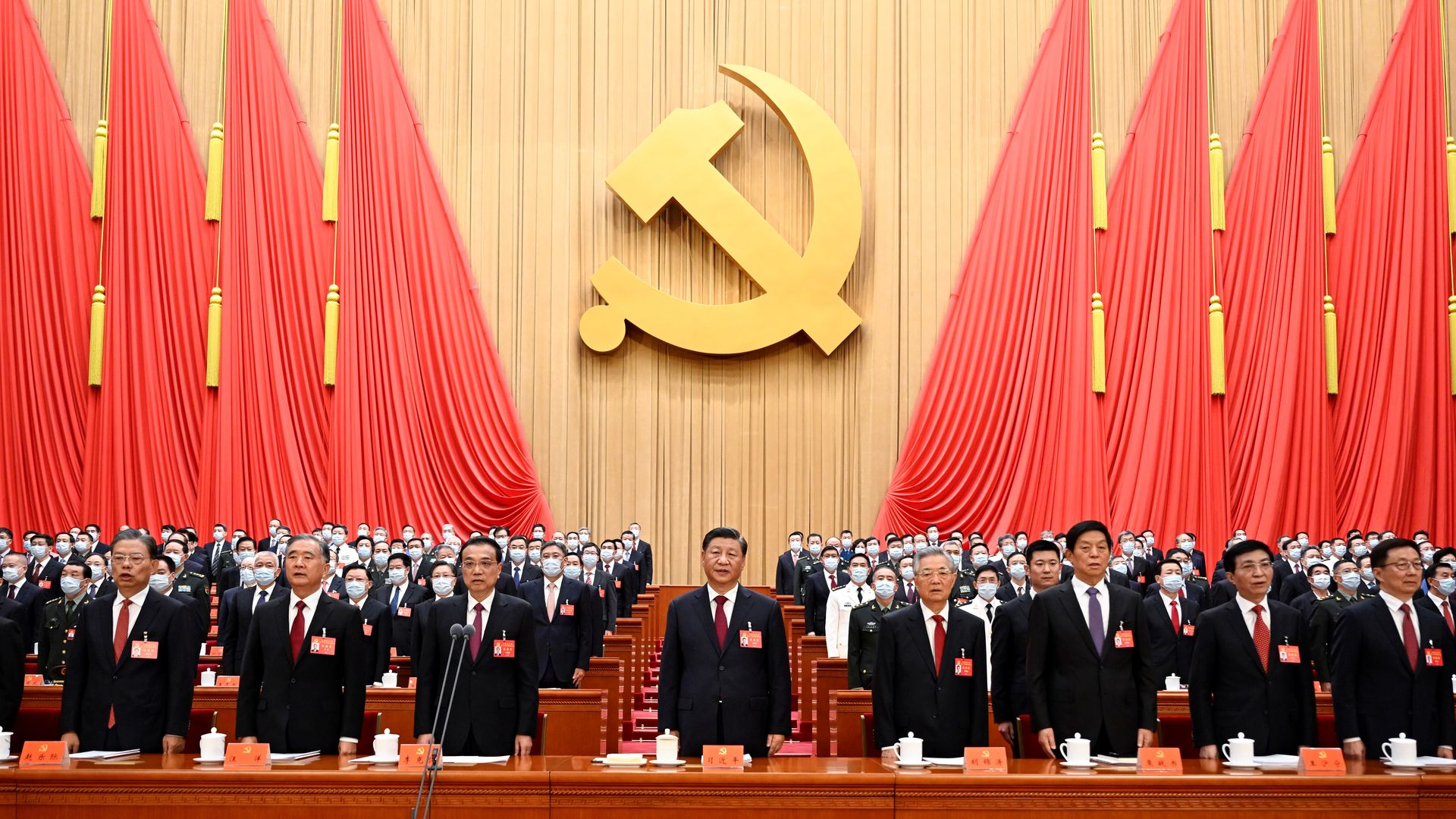 Xi Jinping, Li Keqiang, Li Zhanshu, Wang Yang, Wang Huning, Zhao Leji, Han Zheng and Hu Jintao attend the opening session of the 20th National Congress of the Communist Party of China