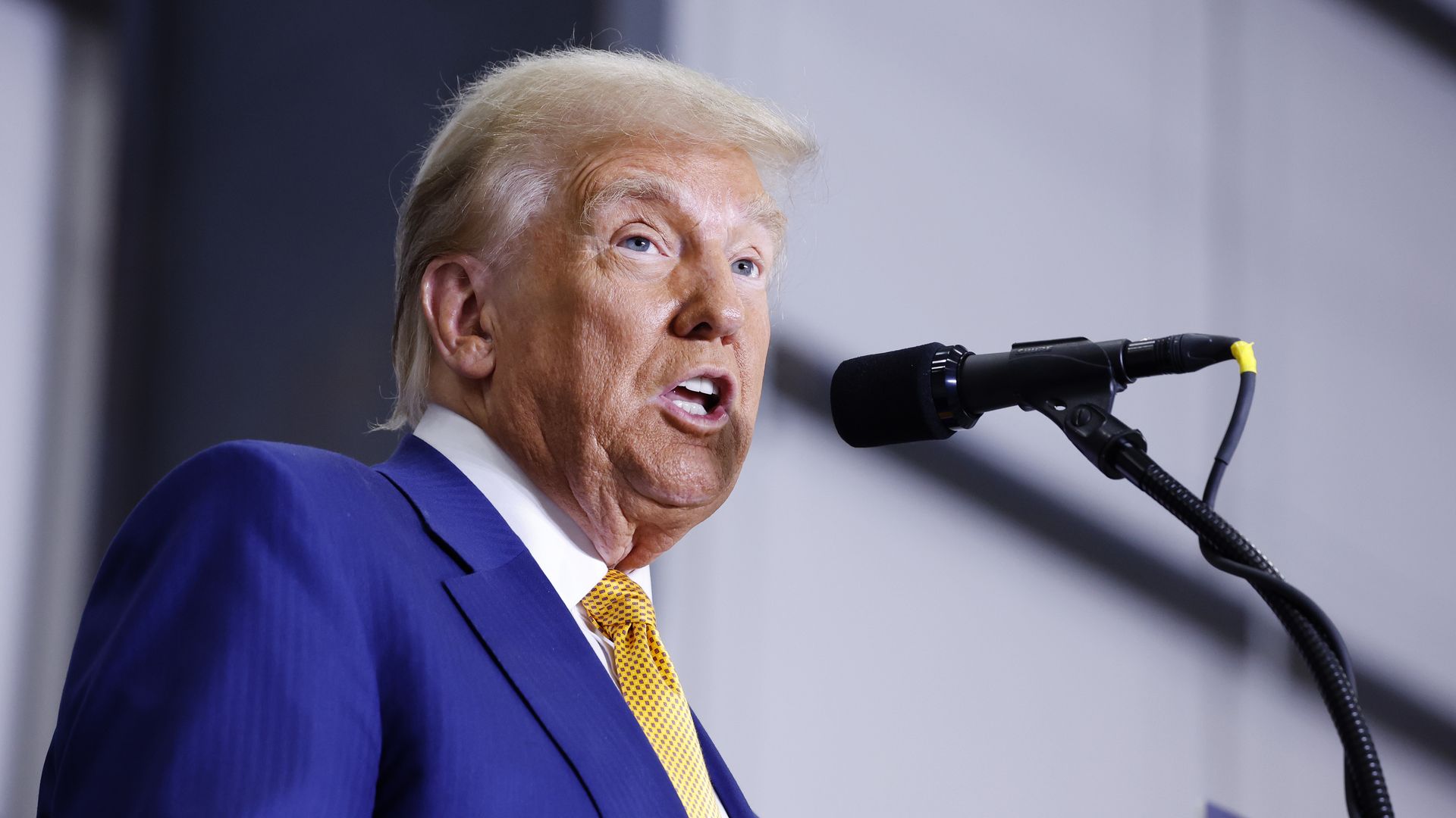  Republican presidential nominee, former U.S. President Donald Trump gives remarks on border security inside an airplane hanger at the Austin-Bergstrom International Airport on October 25, 2024 in Austin, Texas. 