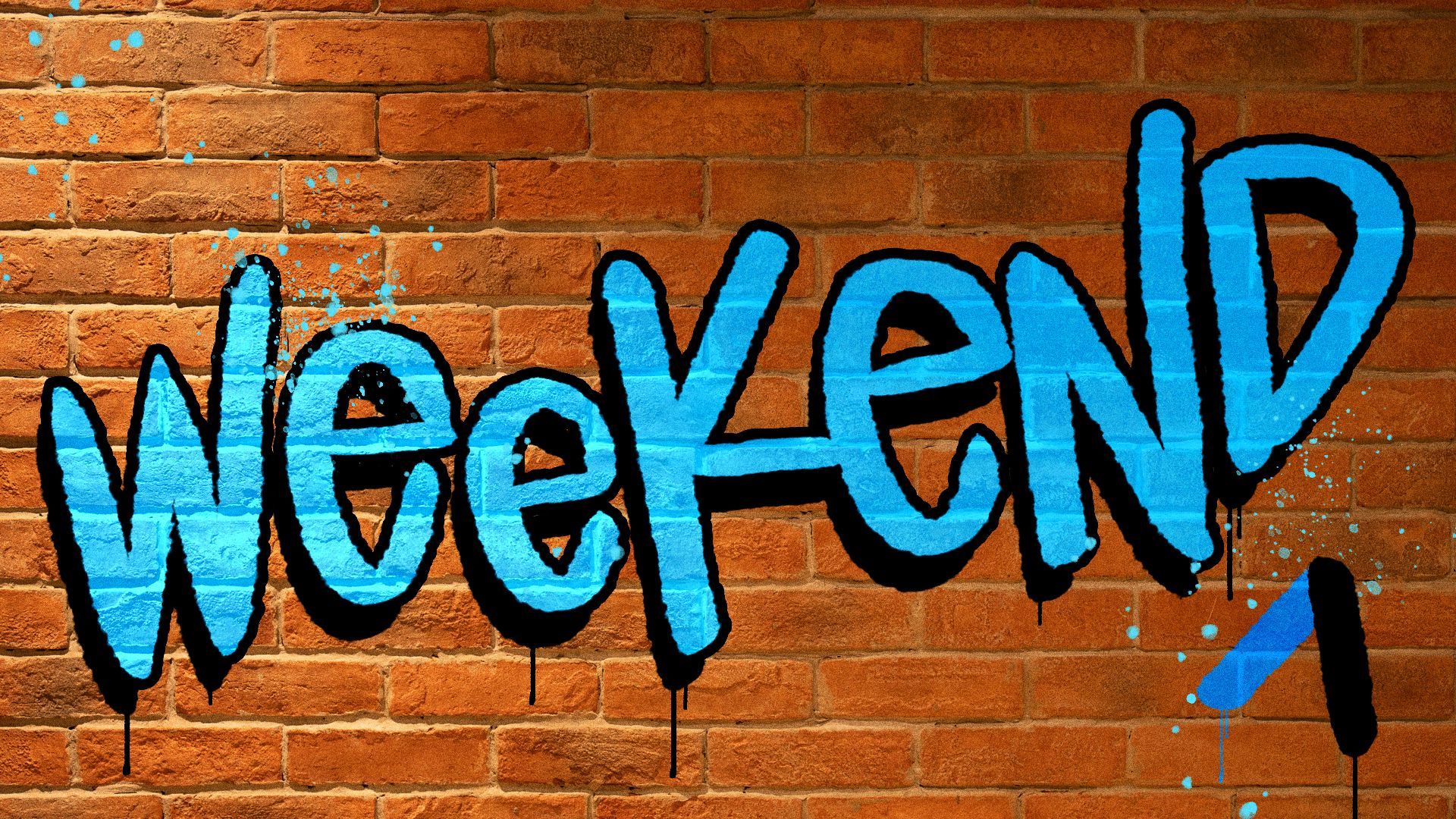 Illustration of "Weekend" in graffiti on a brick wall.