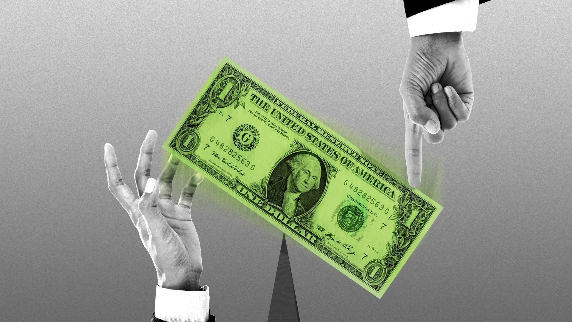 Illustration of hands touching a $1 dollar bill. 