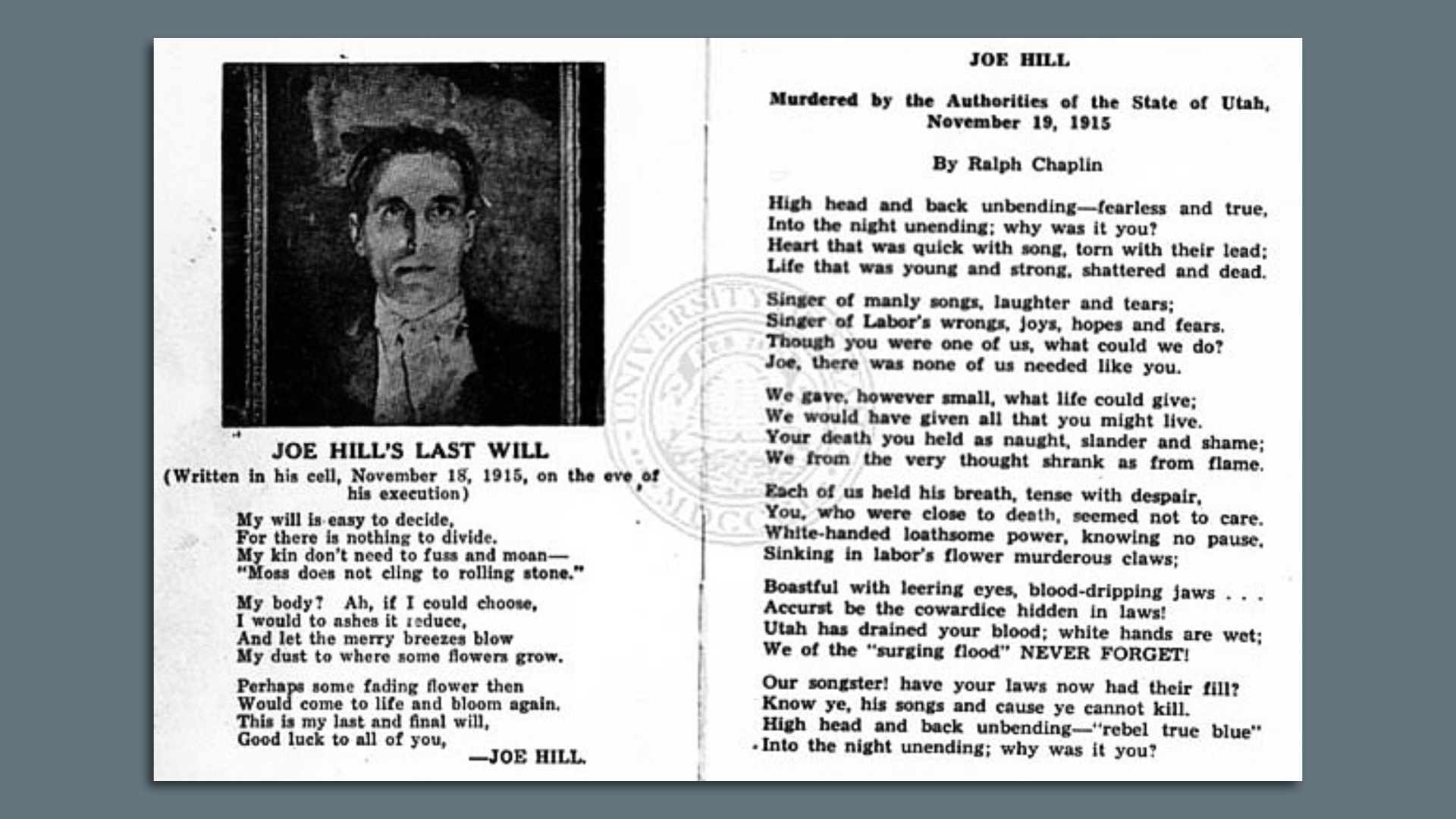 A page from a songbook of lyrics by Joe Hill shows Joe Hill's photo.