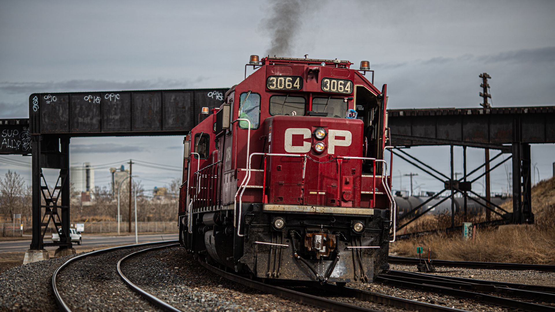 A Canadian Pacific Railway locomotive in Alberta, Canada, in March 2021.