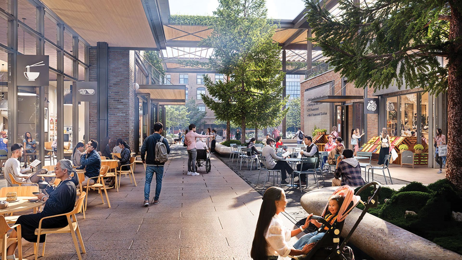 Conceptual rendering of Station Lane: a pedestrian street with brick storefronts, outdoor cafés, and trees. People sit at tables, shop, and stroll; a woman with a stroller smiles nearby.