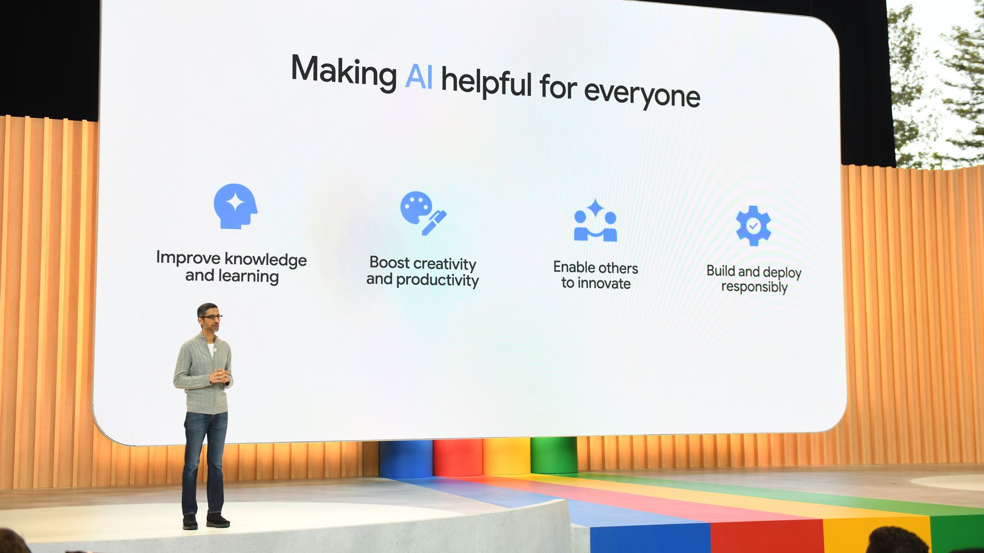 Google CEO Sundar Pichai, speaking about AI at Google I/O 2023.