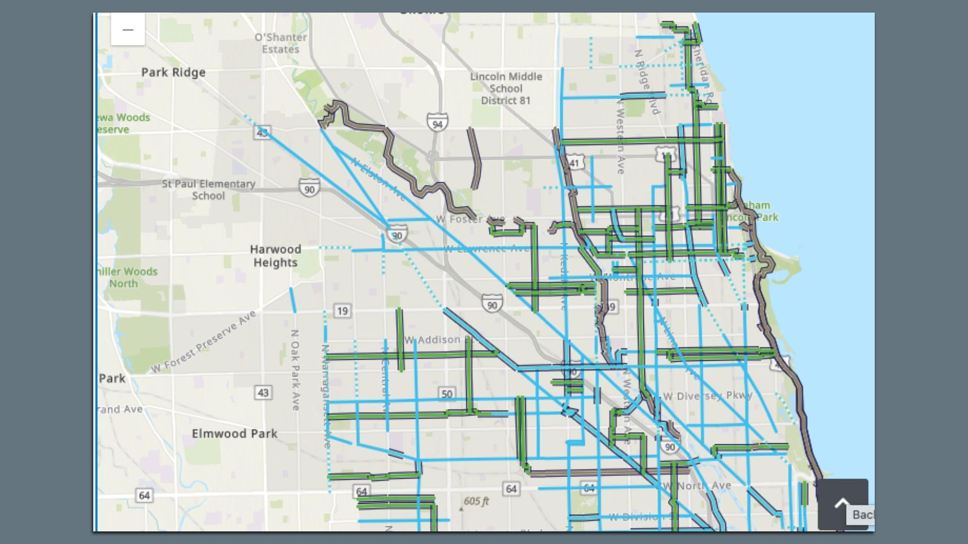 Map of a city showing highways I-90/I-94 and many blue and green transit lines crisscrossing the downtown area by the lake; a brown winding route is also visible.