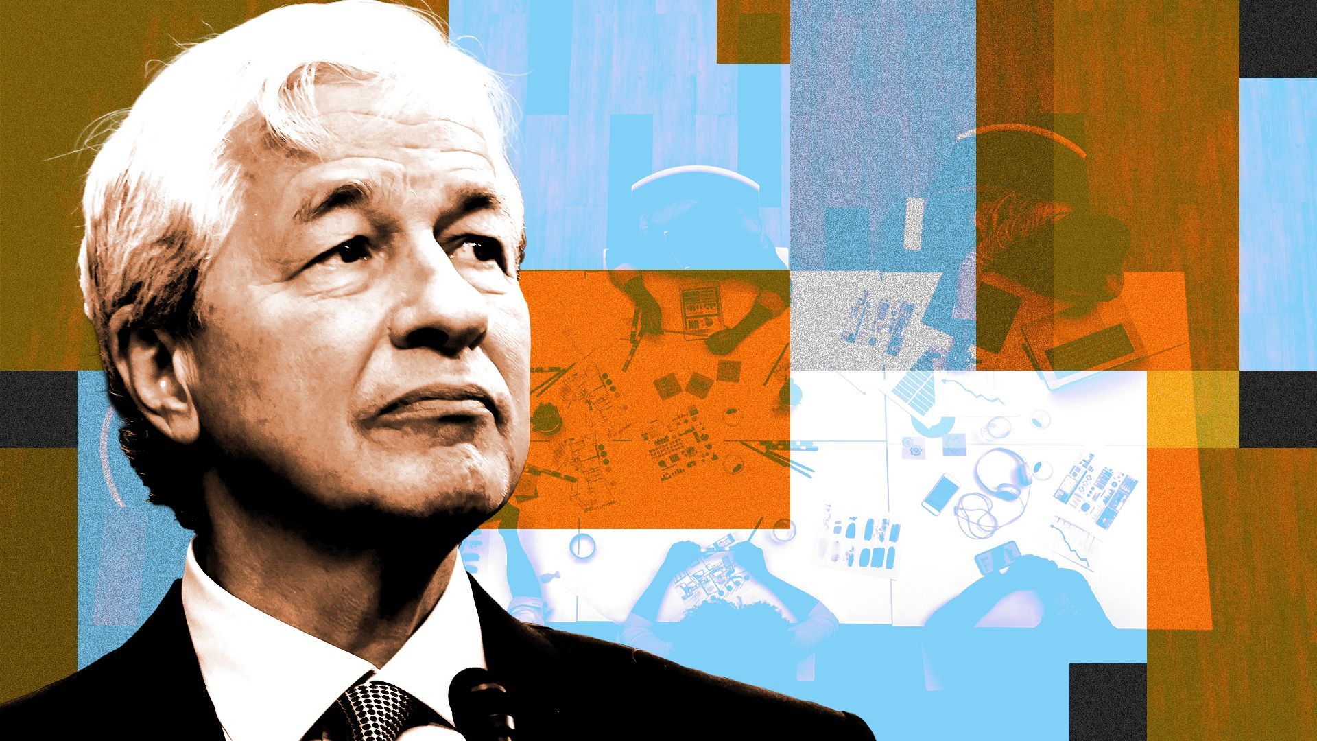 Photo illustration of Chairman and CEO of JPMorgan Chase Jamie Dimon surrounded by various shapes and colors overlayed on a conference table full of people