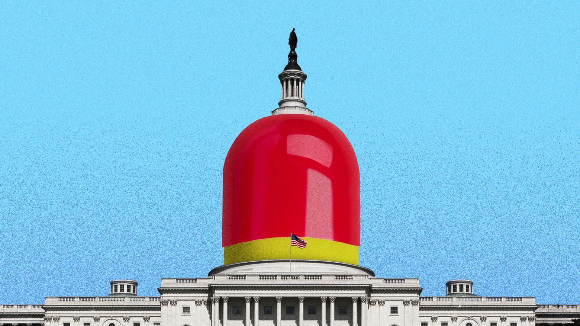 Illustration with the dome of the US Capitol building replaced with a red and yellow pill capsule.