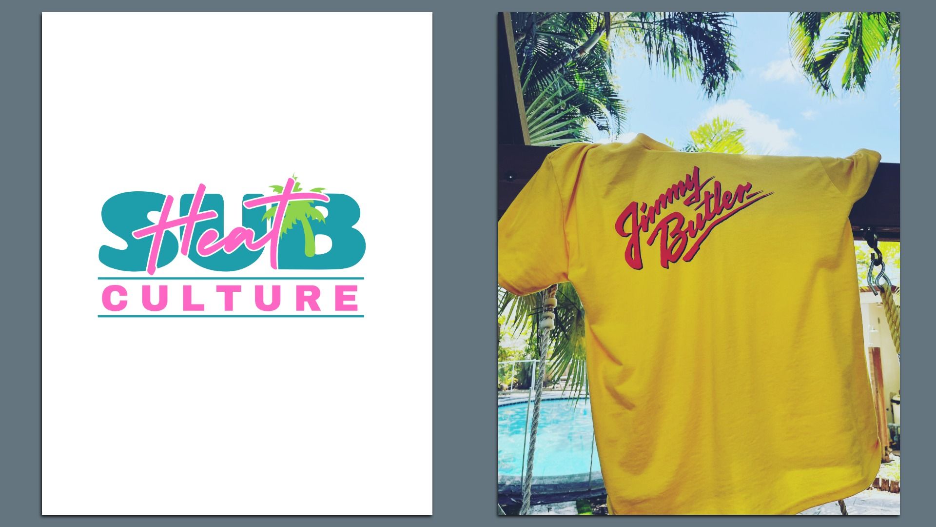 Left side: colorful logo with teal and pink text. Right side: yellow T-shirt with red text "Jimmy Butler" hanging outdoors near palm trees and a pool.