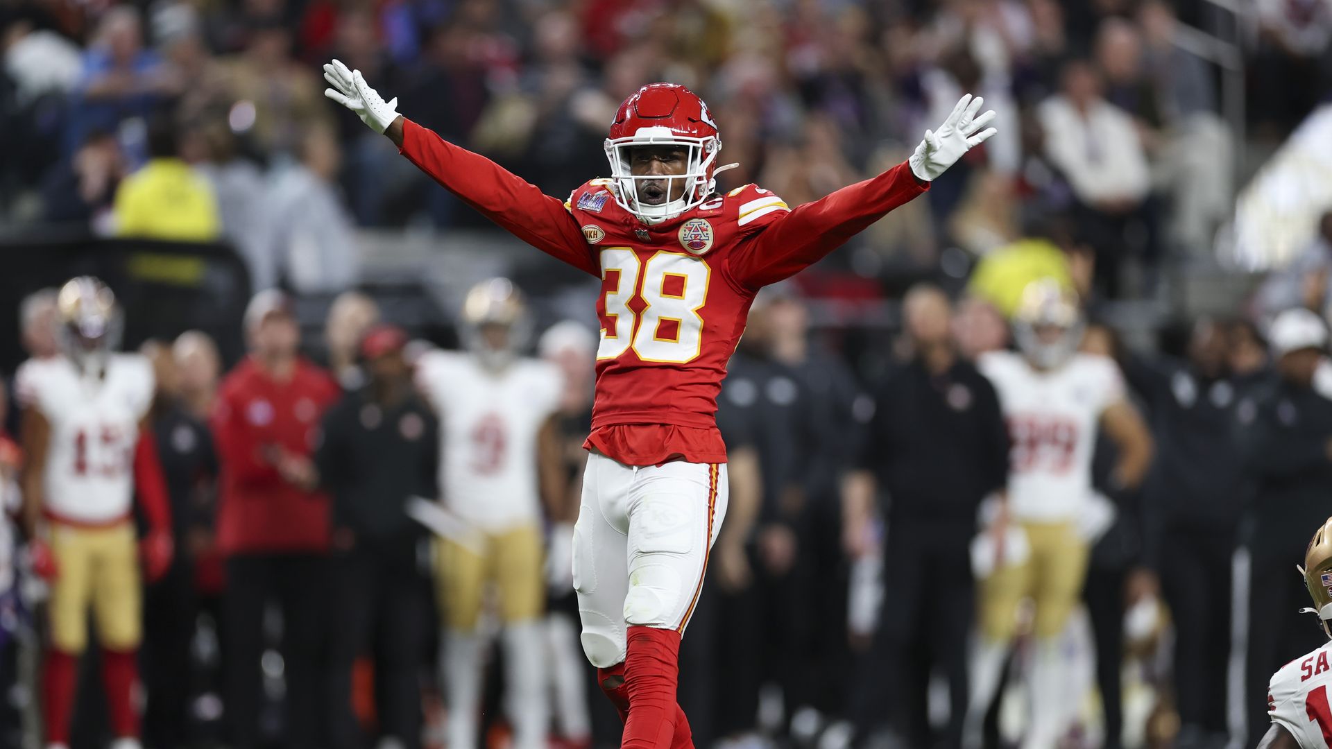 L'Jarius Sneed celebrates after making a play during the Super Bowl