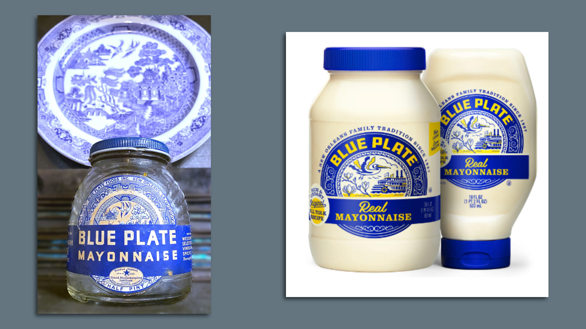The image shows two photos. On the left is a vintage Blue Plate Mayonnaise jar with a blue Willow Ware plate behind it. On the right is the new Blue Plate logo on the regular plastic bottle and the squeeze bottle.