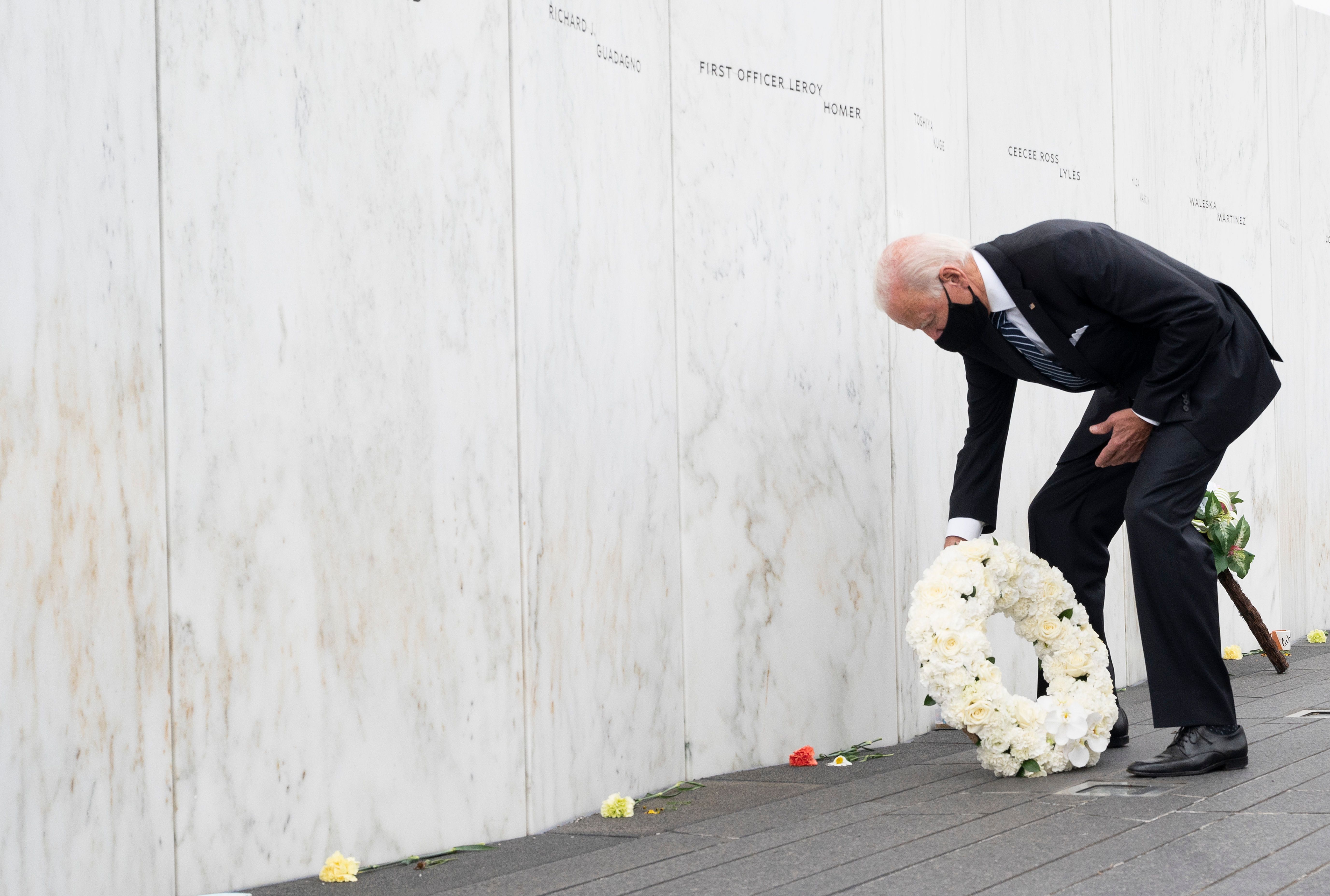 Joe Biden laying a wreath at the Shanksville Flight 93 Memorial.