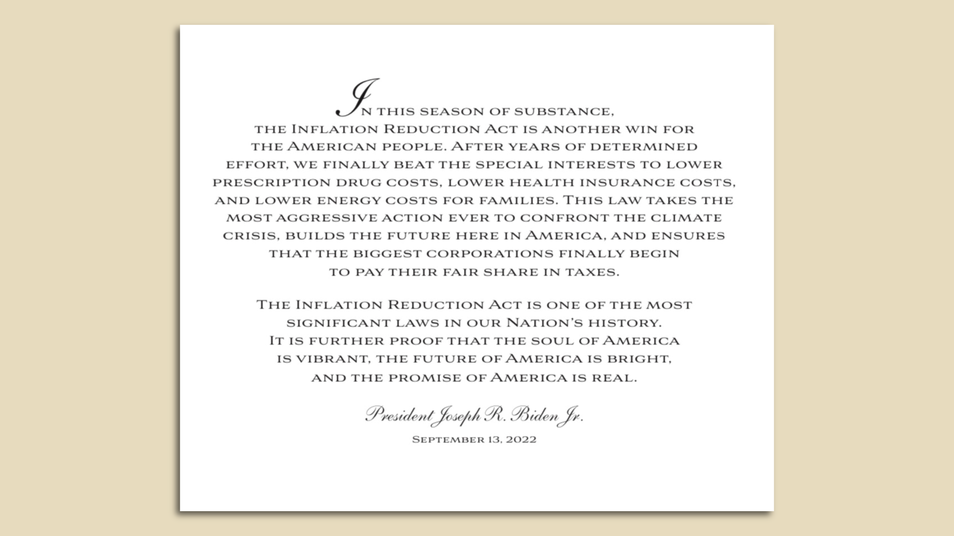 The program for this afternoon's South Lawn event celebrating last month's signing of the Inflation Reduction Act.