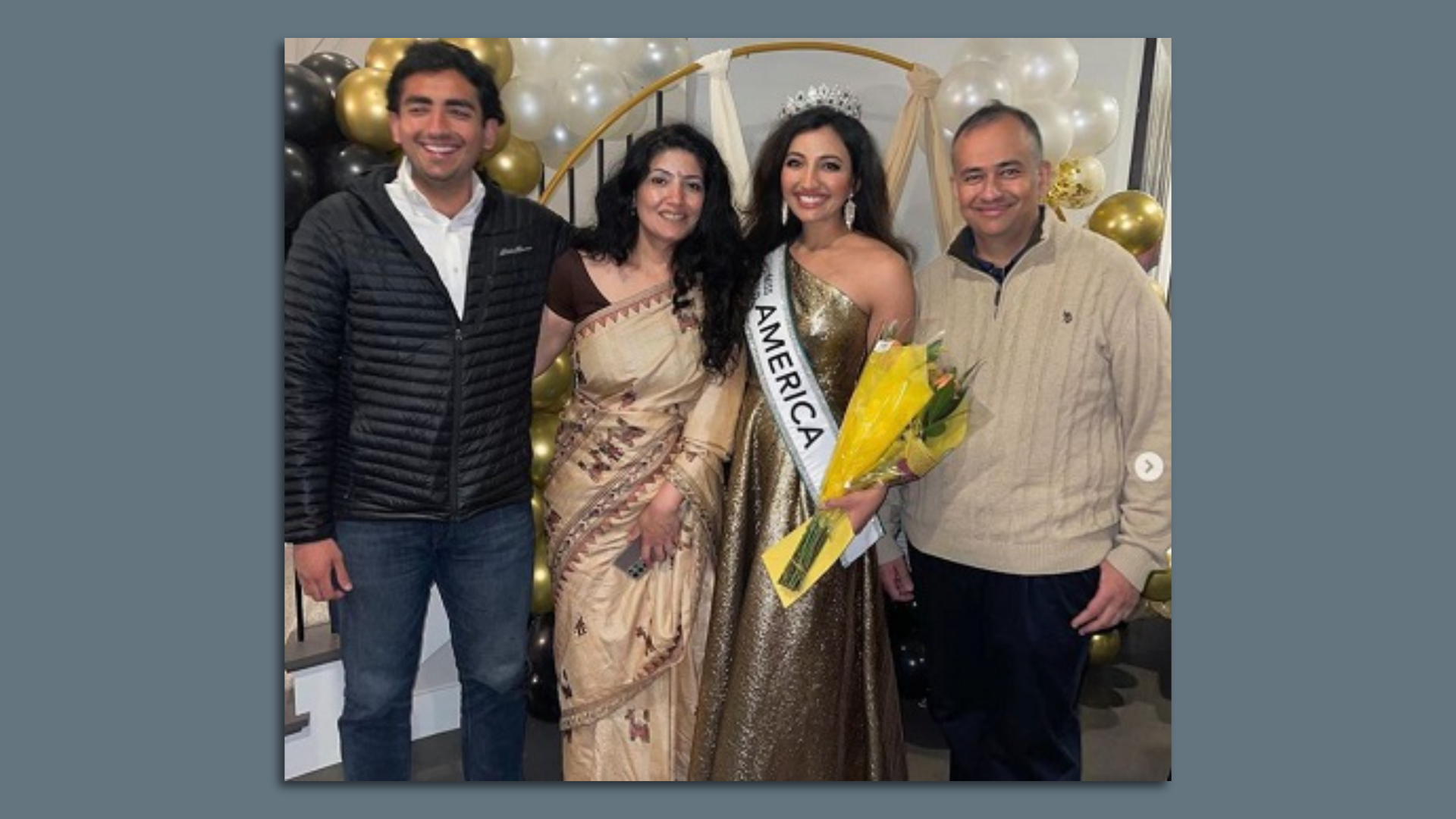 Shree Saini, Miss World America 2022, and her parents and brother. 