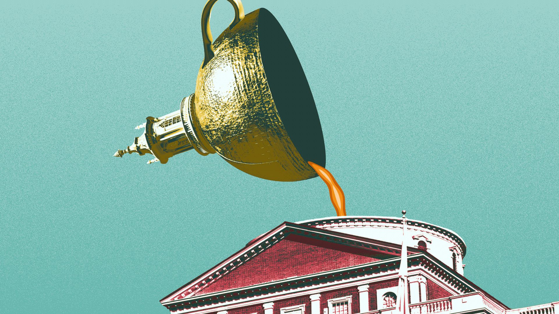 Animated illustration of a teacup made out of the Massachusetts State House dome pouring tea into the rest of the State House