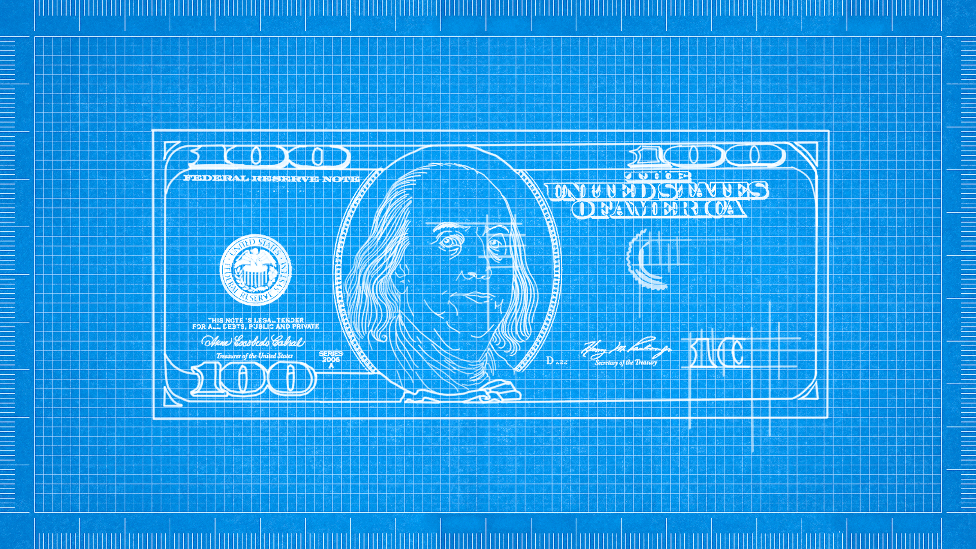Illustration of a blueprint drawing of an uncompleted hundred dollar bill.