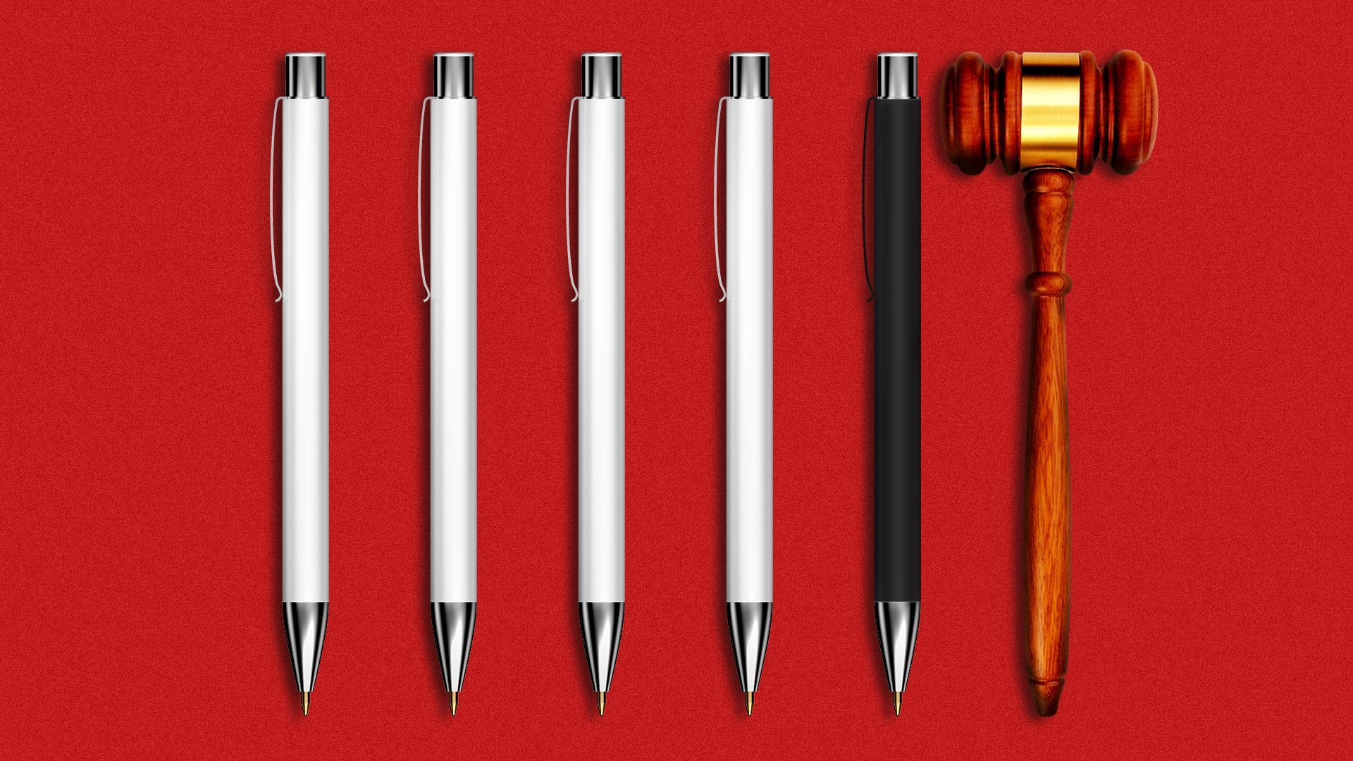 Illustration of a series of white pens followed by a black pen and a gavel