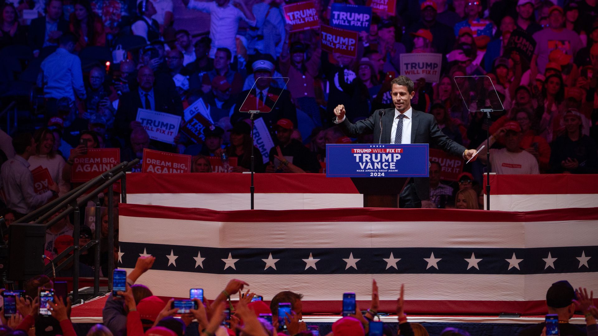 Comedian Tony Hinchcliffe speaks at a rally for former president Donald Trump on Oct. 27