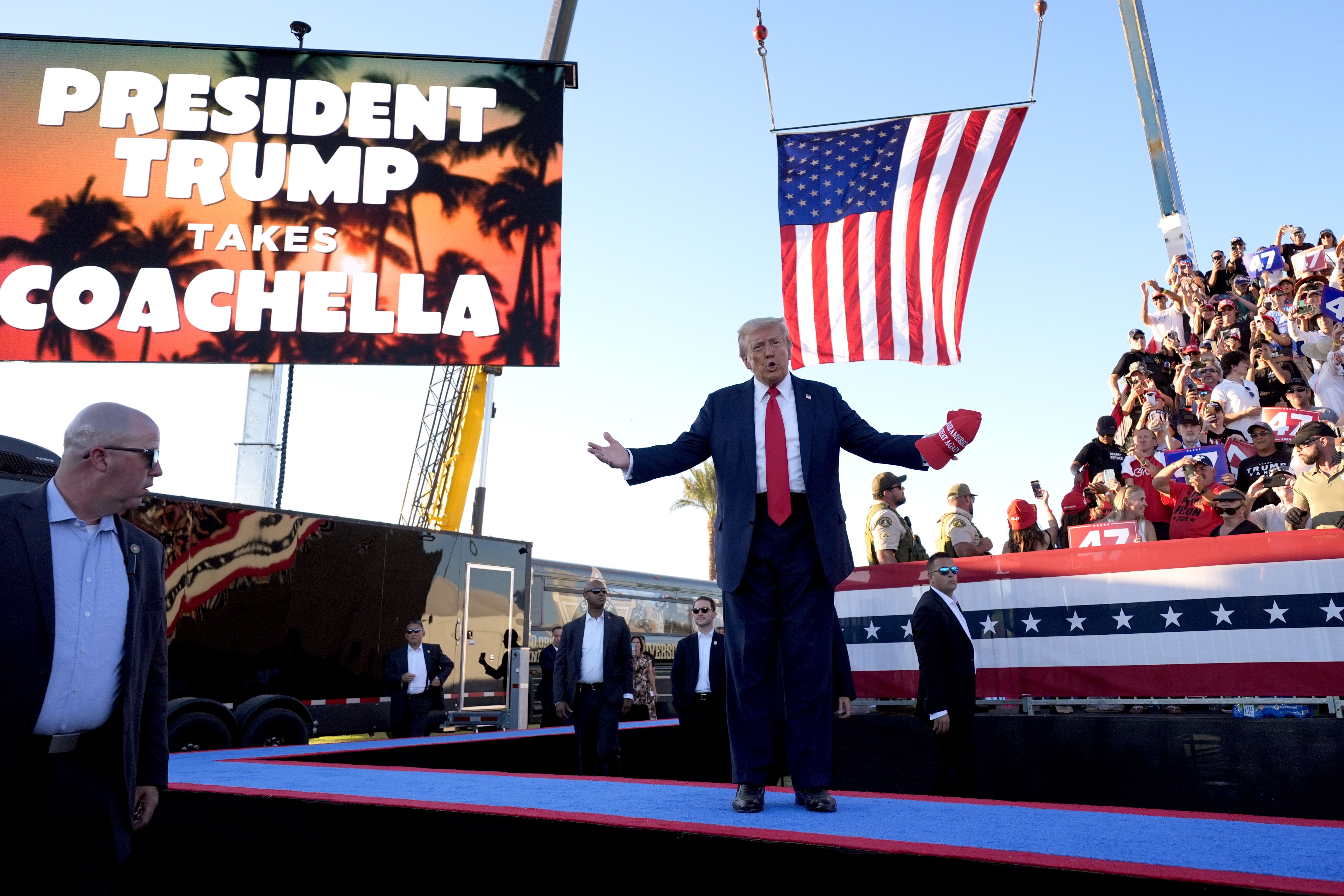 Republican presidential nominee former President Donald Trump arrives to speak at a campaign rally at the Calhoun Ranch