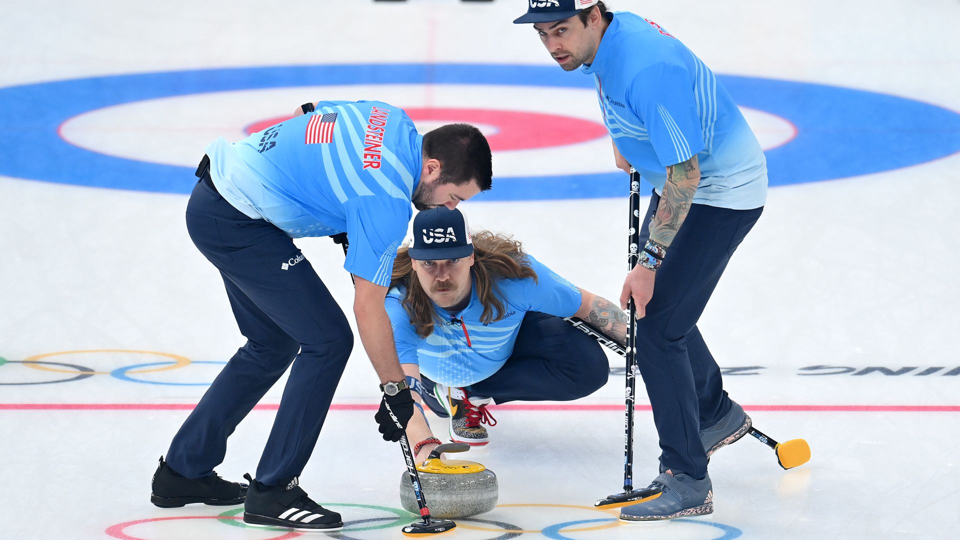 The U.S. curling team plays a shot at the Beijing 2022 Winter Olympic Games on February 17, 2022 in Beijing, China. 
