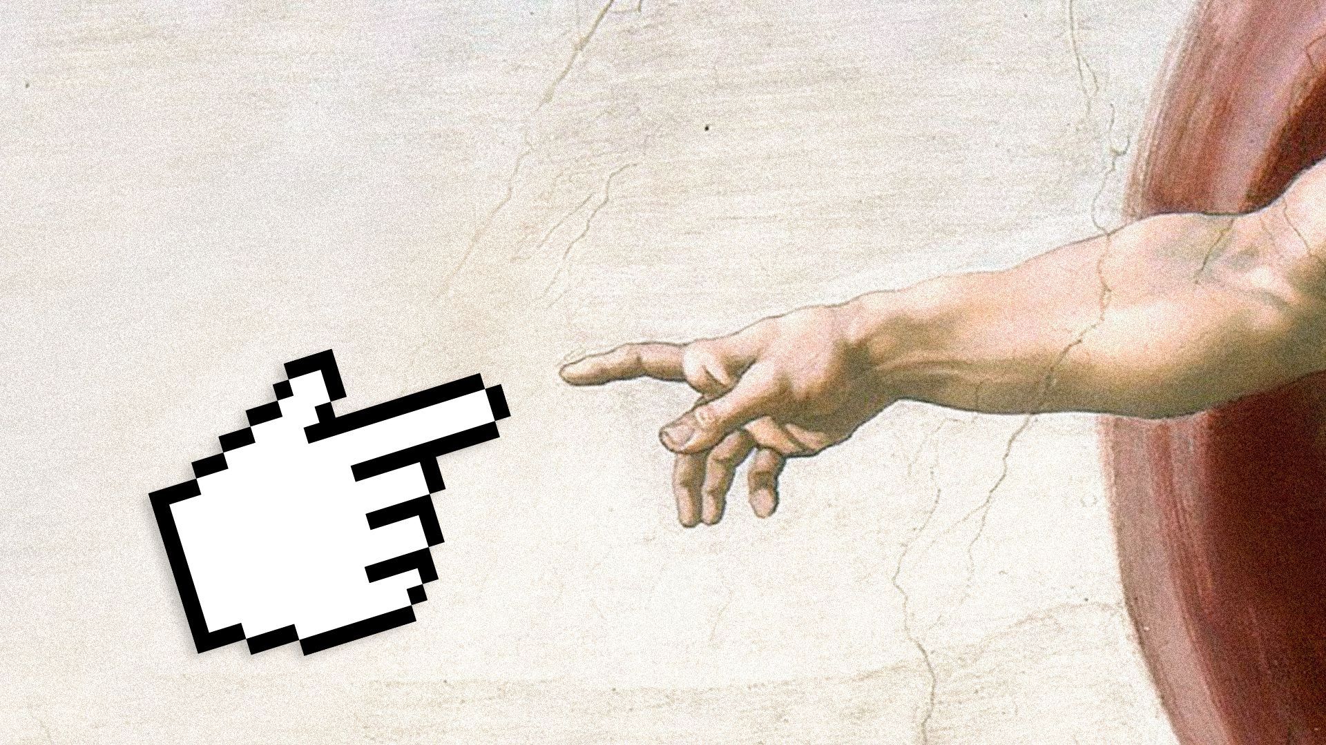 Illustration of The Creation of Adam with Adam's hand replaced with a hand cursor.  