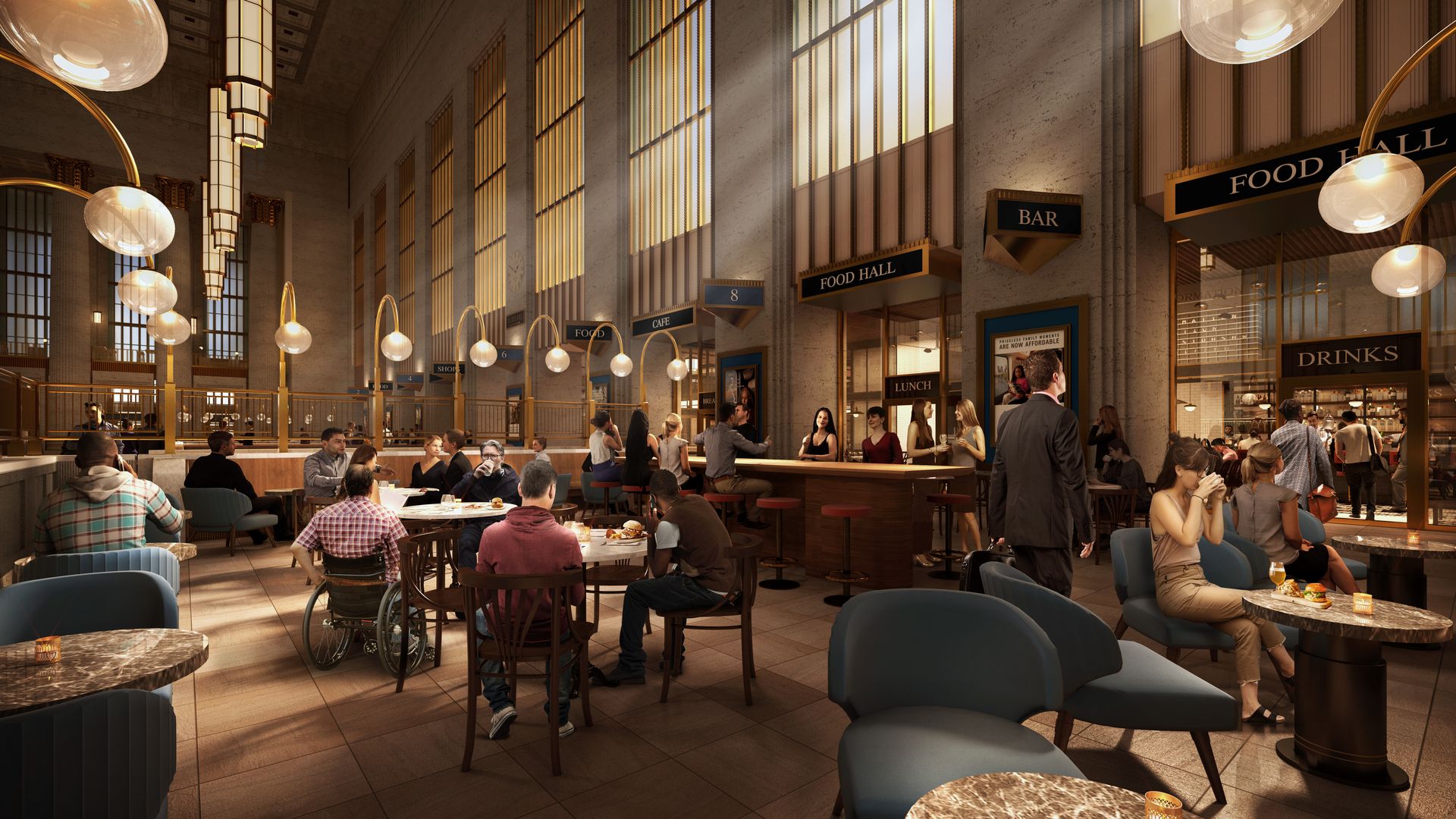 A rendering of the main concourse dining area in 30th Street Station