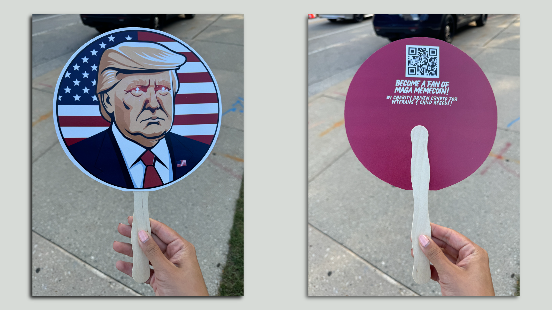 Two phots of a fan with a cartoon of Donald Trump. 