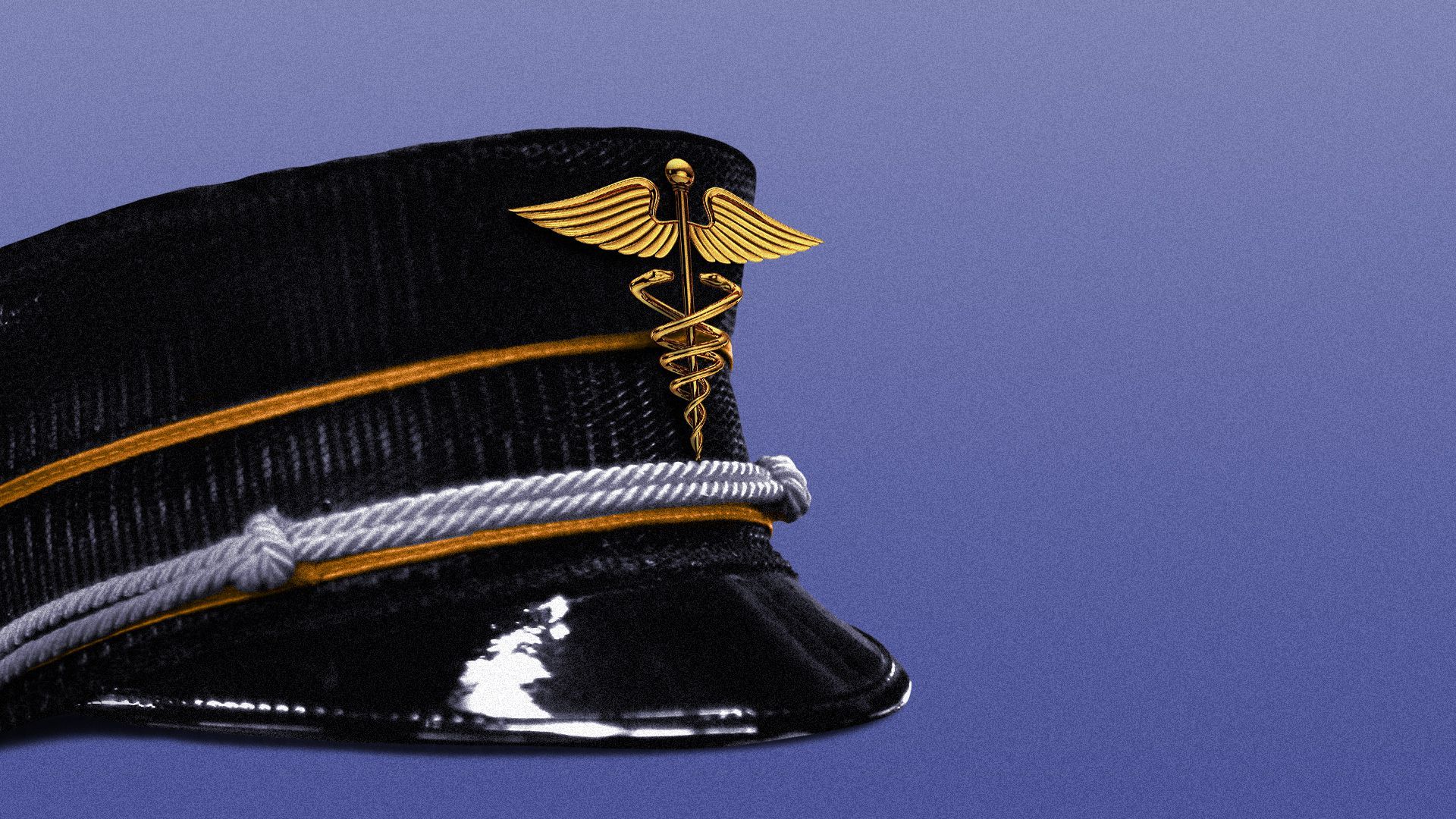 Illustration of a caduceus on a train conductor's hat.