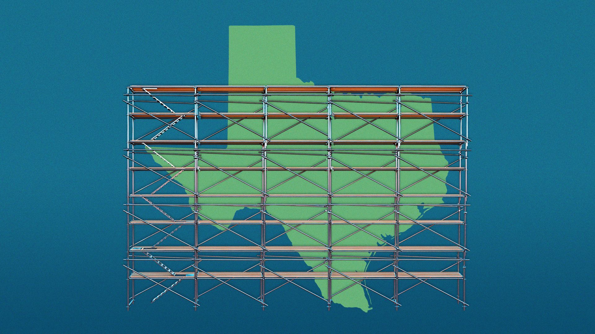 Illustration of the state of Texas behind scaffolding. 