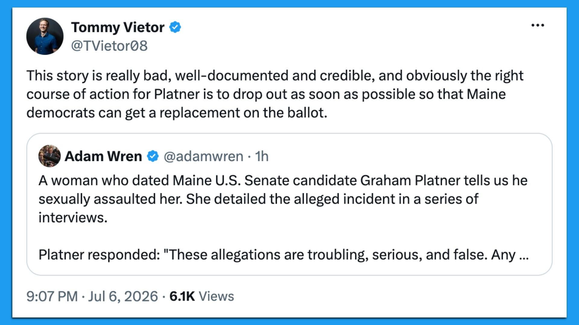 Screenshot of Twitter feed: Tommy Vietor’s verified blue check tweet on a white card urging Platner to drop out; includes Adam Wren’s tweet about alleged abuse by Graham Platner and his denial.