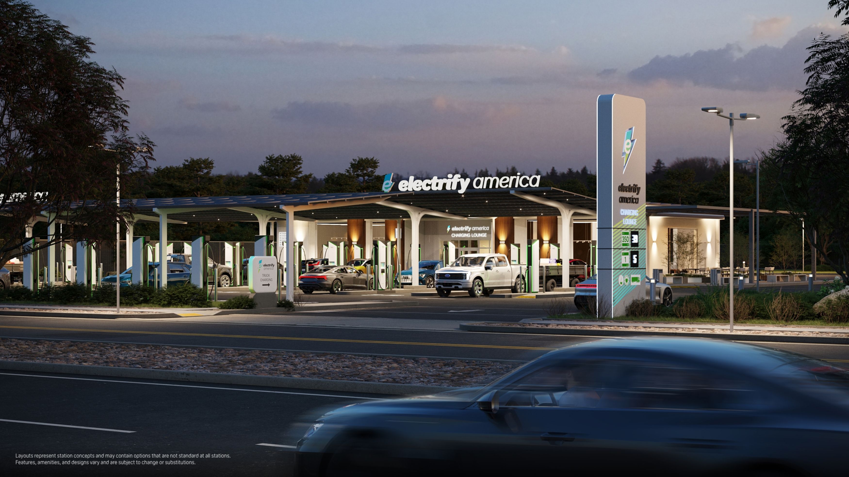 A rendering of Electrify America's planned charging oasis.