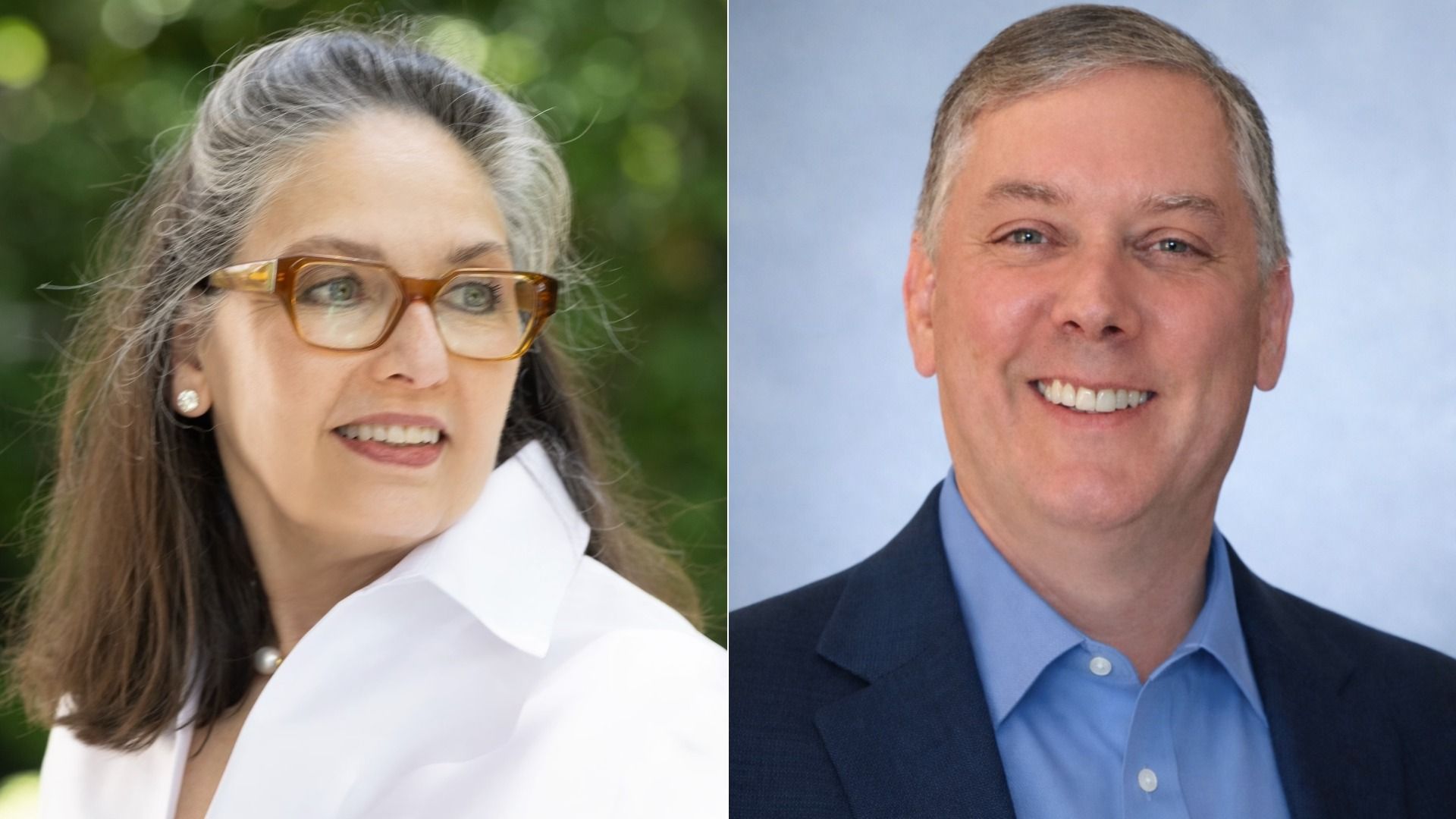 Side-by-side portraits: left shows a smiling woman with glasses and a white blouse outdoors; right shows a smiling man in a blue shirt and dark blazer against a light blue backdrop.