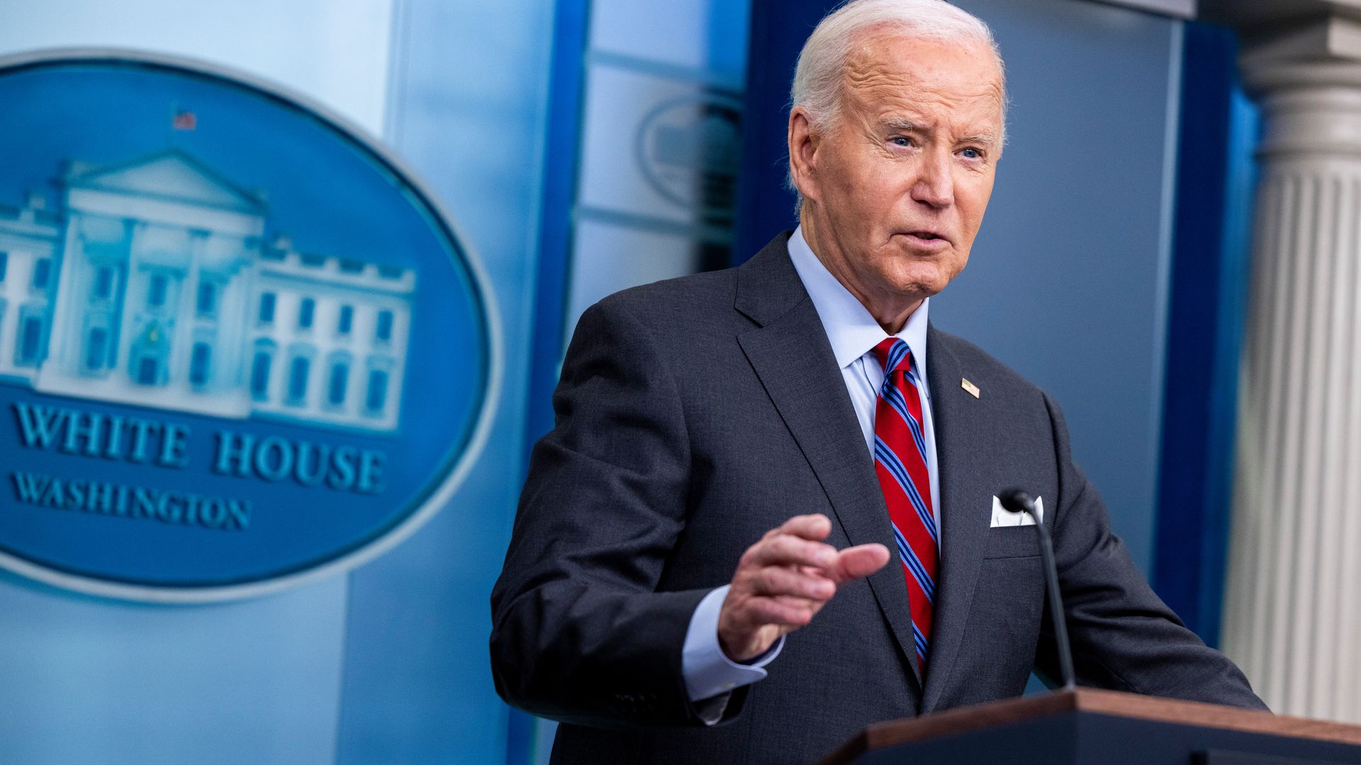 US President Joe Biden speaks during a news conference at the White House.
